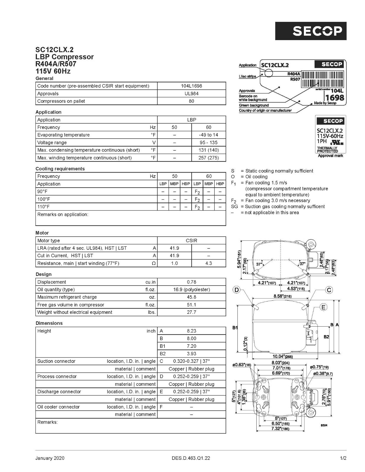 SECOP COMPRESSORS SC12CLX.2 115V R404 LBP/MBP 1/2 HP