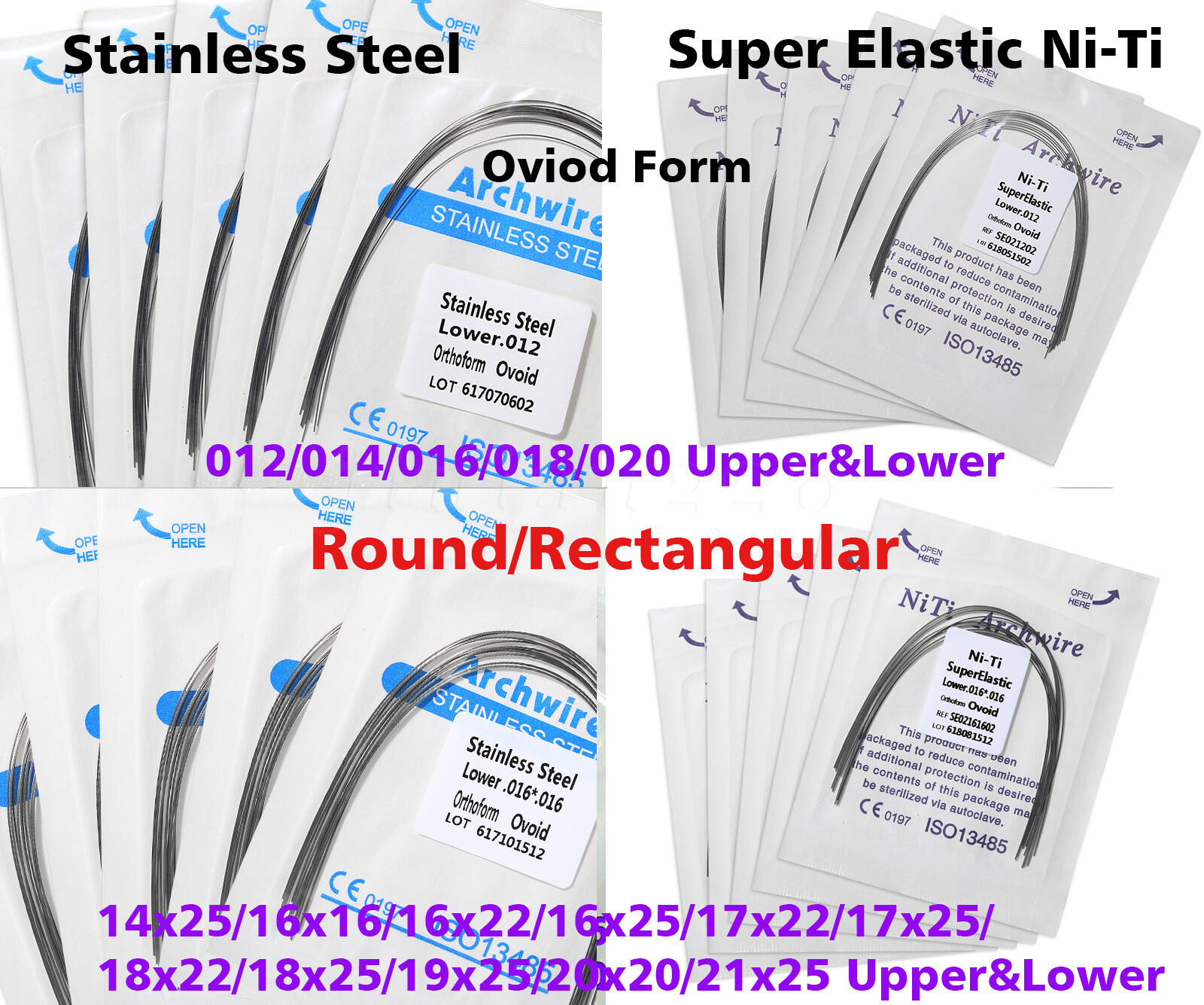 100PCS Dental Orthodontic Arch Wire Niti Stainless Steel Round Rectangular Ovoid