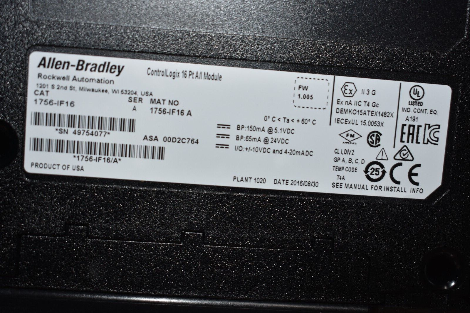 1756-IF16 ALLEN BRADLEY CONTROLLOGIX ANALOG INPUT MODULE SER A 2016/17/19