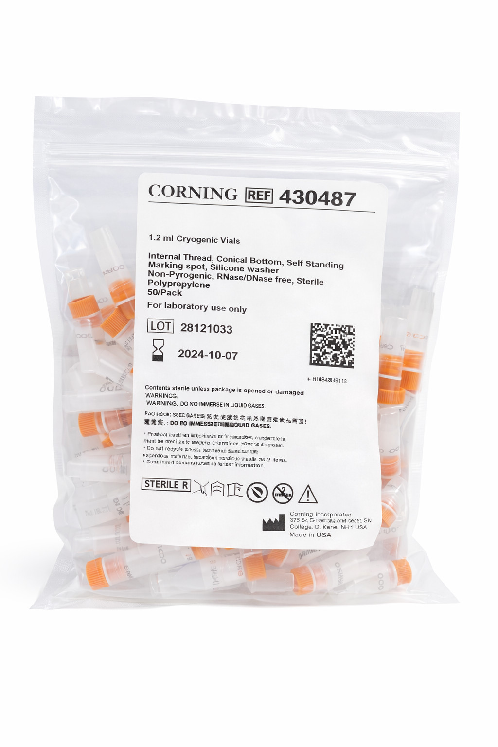 Corning 430487 Cryogenic Vials 1.2mL 50/Pack Internal Thread Self Standing RNase