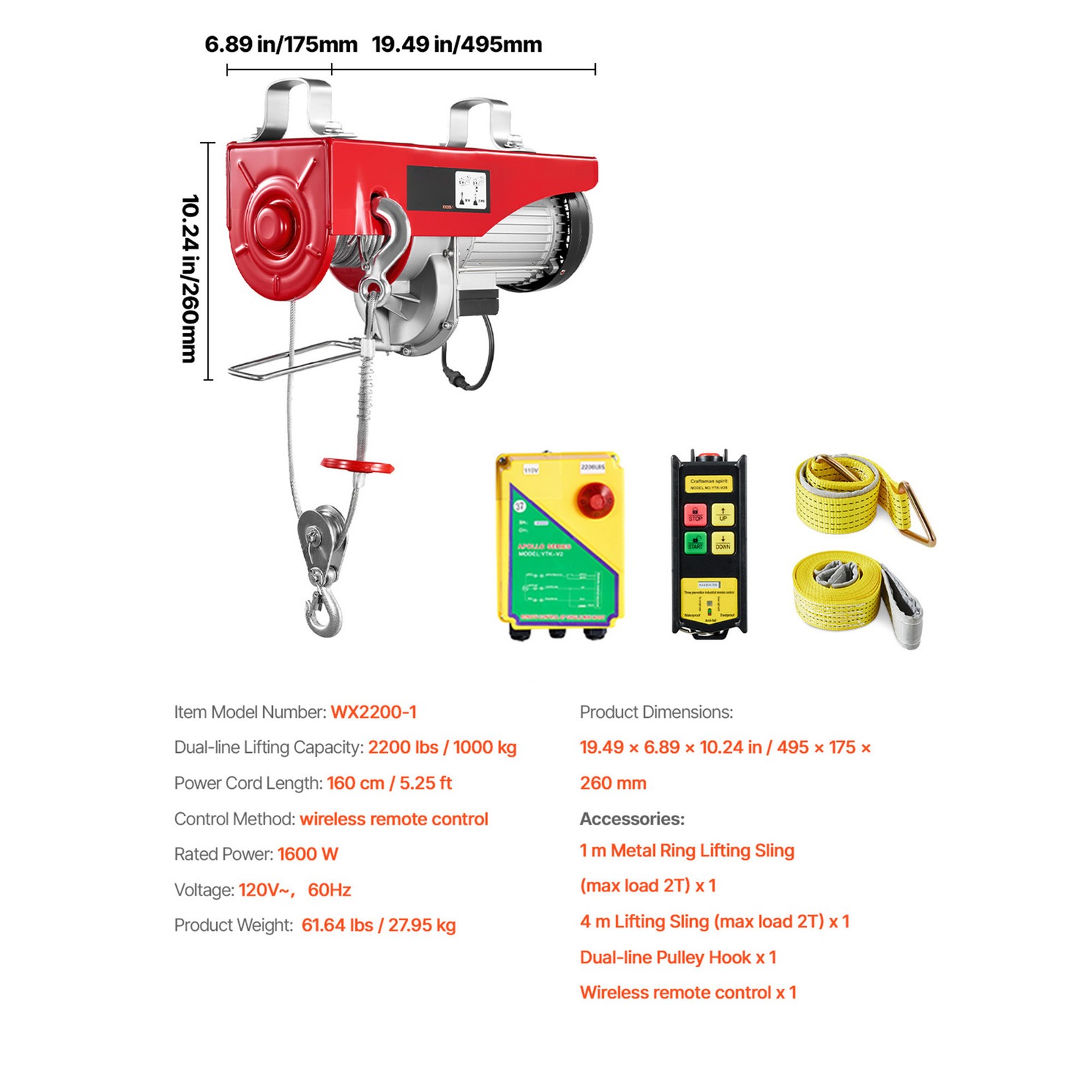 VEVOR Electric Hoist 2200lbs Crane Winch with 328ft Wireless Remote Control 110V