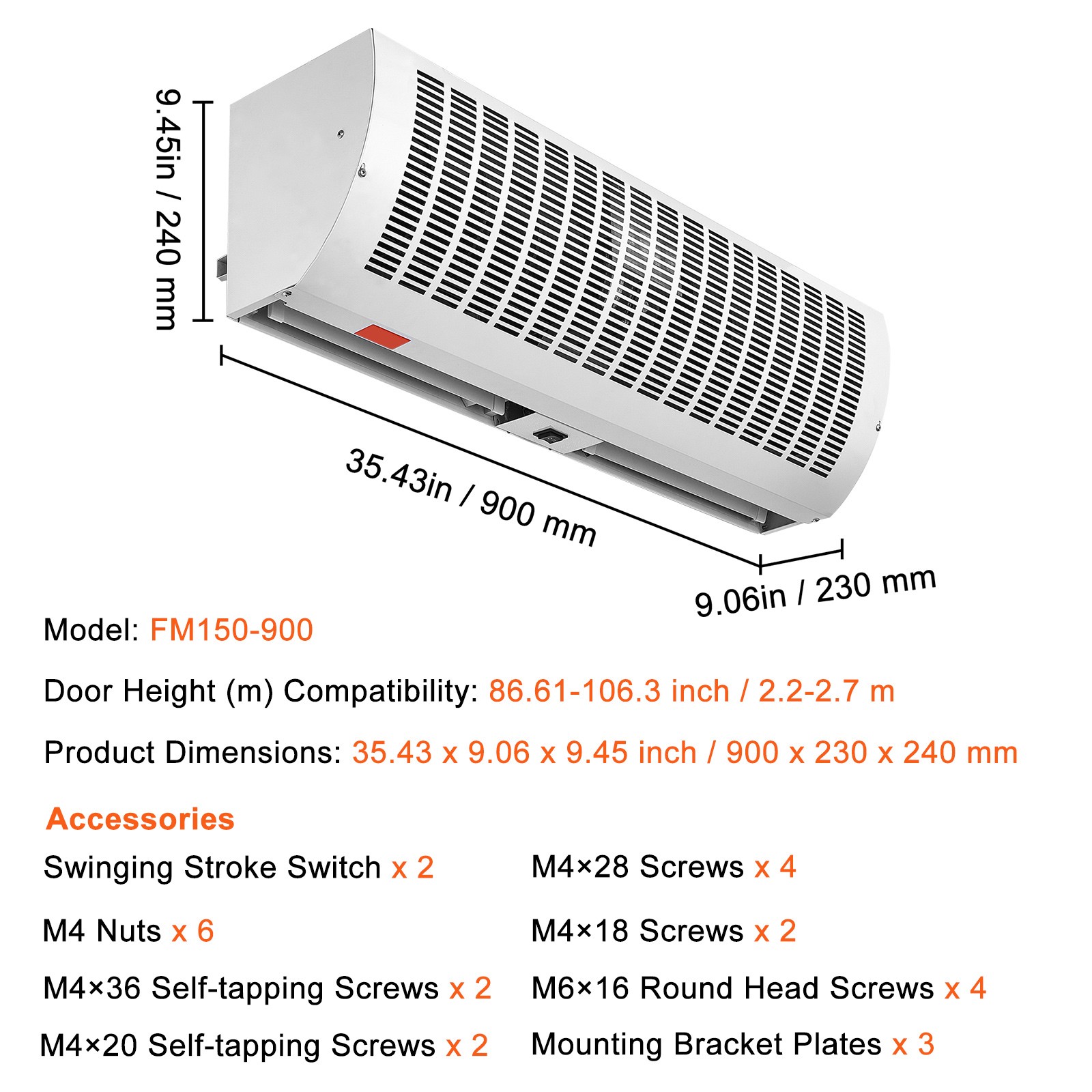VEVOR 36″ Indoor Air Curtain 2 Speed 1200/2038 CFM Commercial Limite Switch