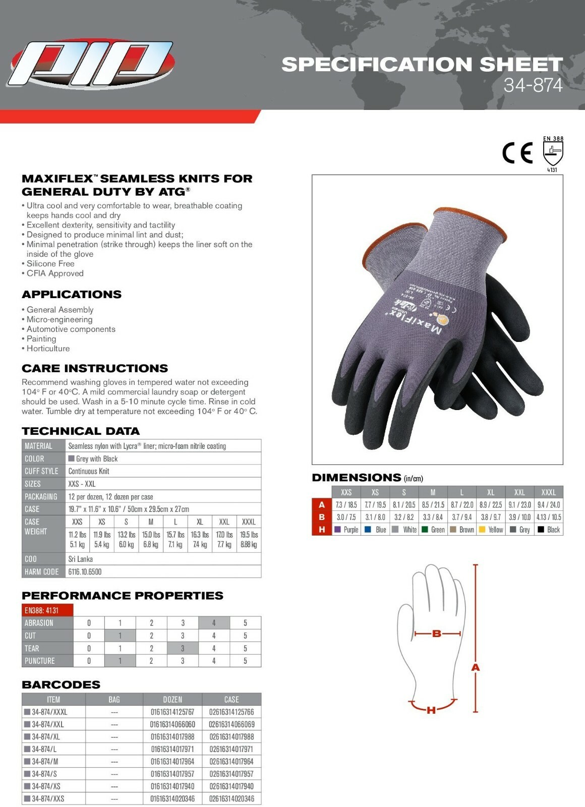 34-874 MaxiFlex Ultimate Micro Foam Nitrile Grip Coated PROTECTIVE WORK GLOVES