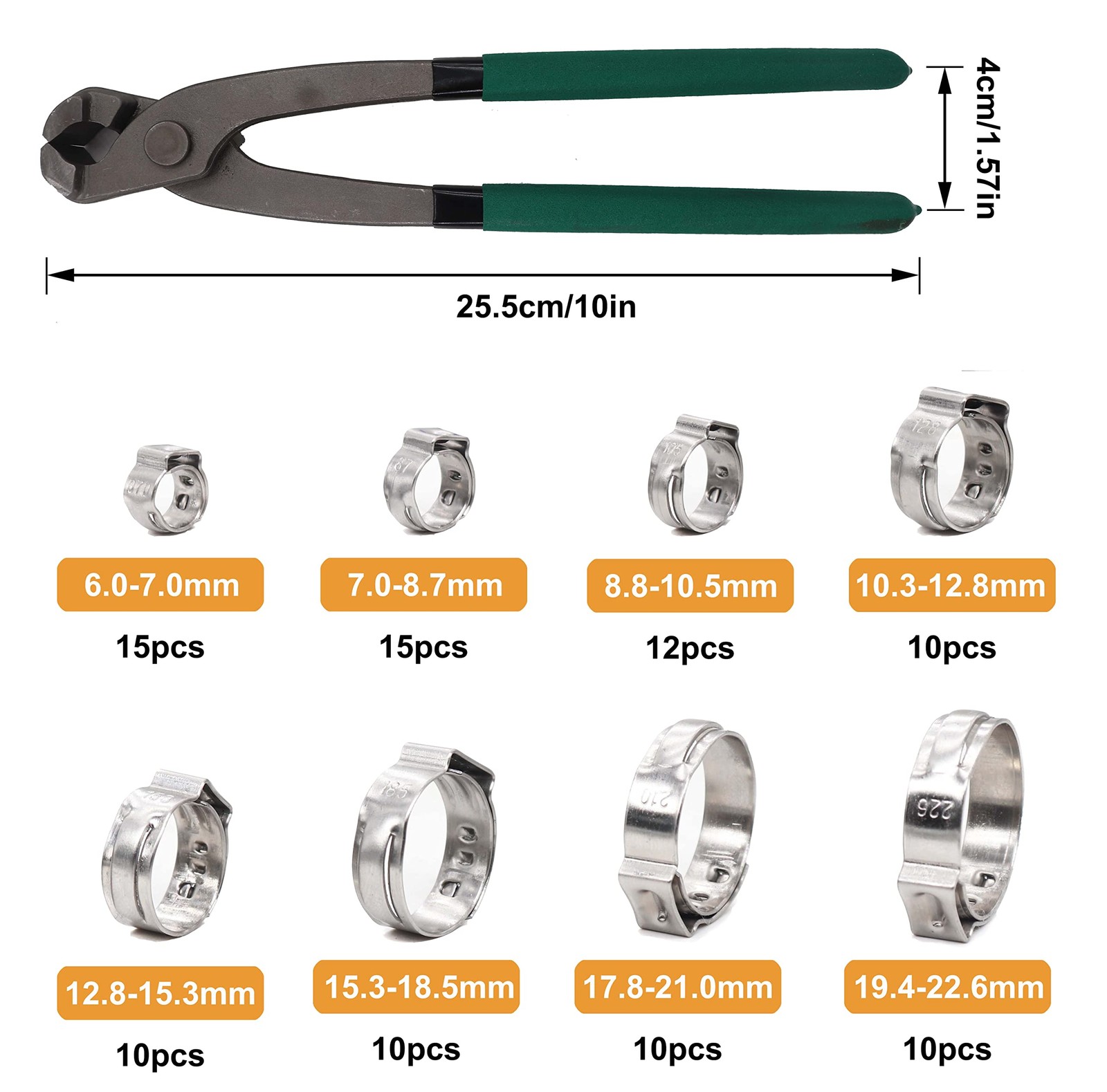 Single Ear Hose Clamps, Oetiker Clamps, 92Pcs(6.0mm-22.6mm) Crimp Pipe Clamps