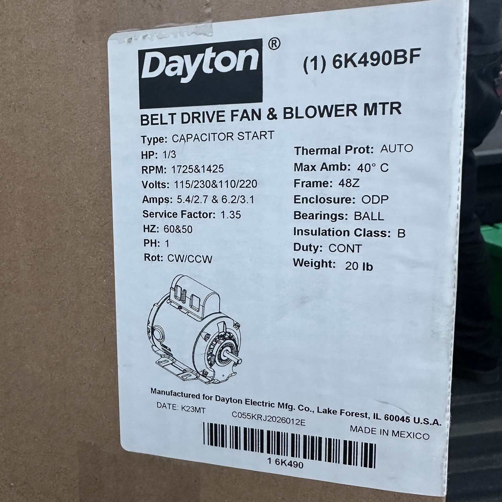 DAYTON Belt Drive Motor 1 Speed Proof Base Mount 1/3 hp 115/230V AC 6K490BF NEW