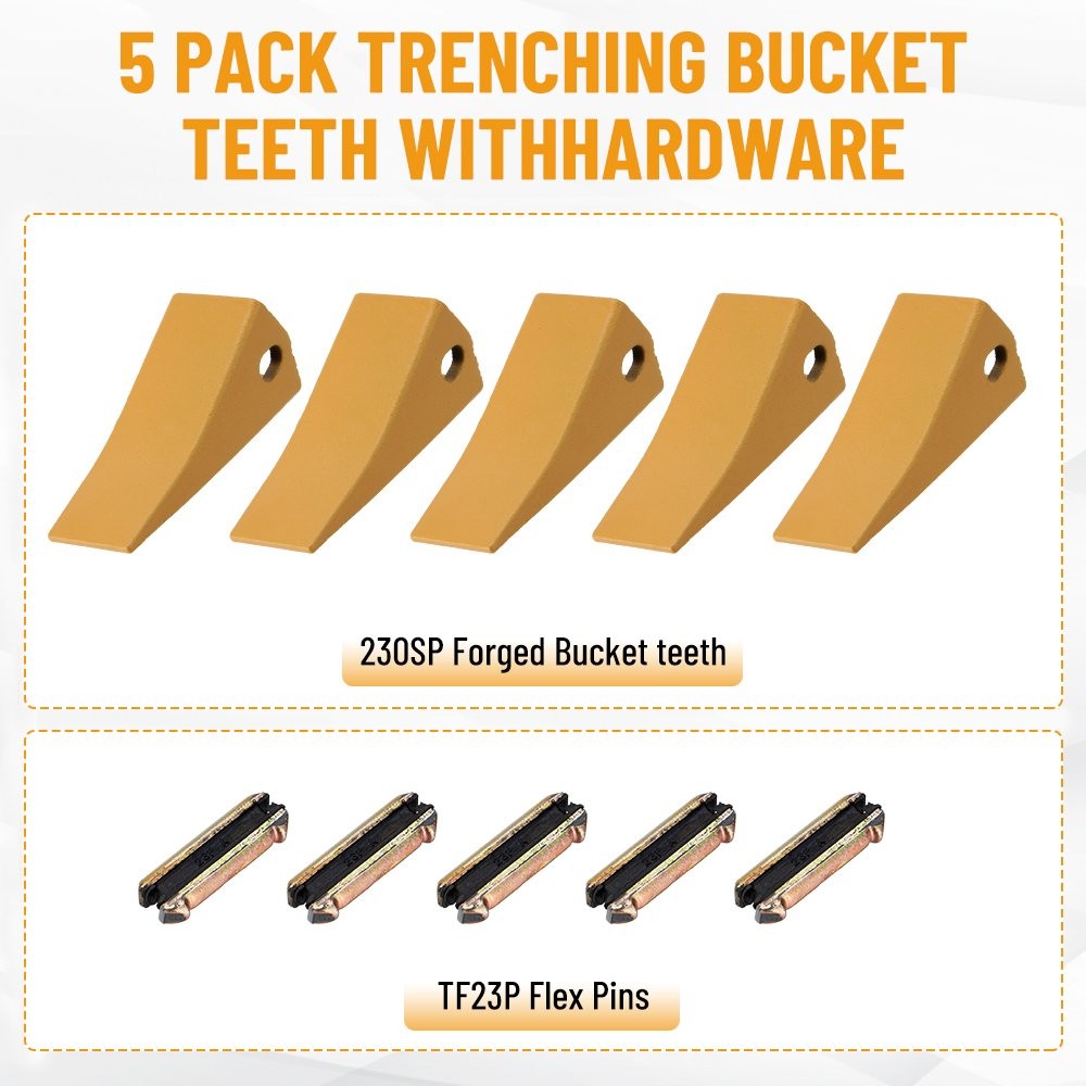 5PCS Universal Bucket Teeth w/ Pins 23, 230, 230SP for Backhoe / Skid / Mini Ex