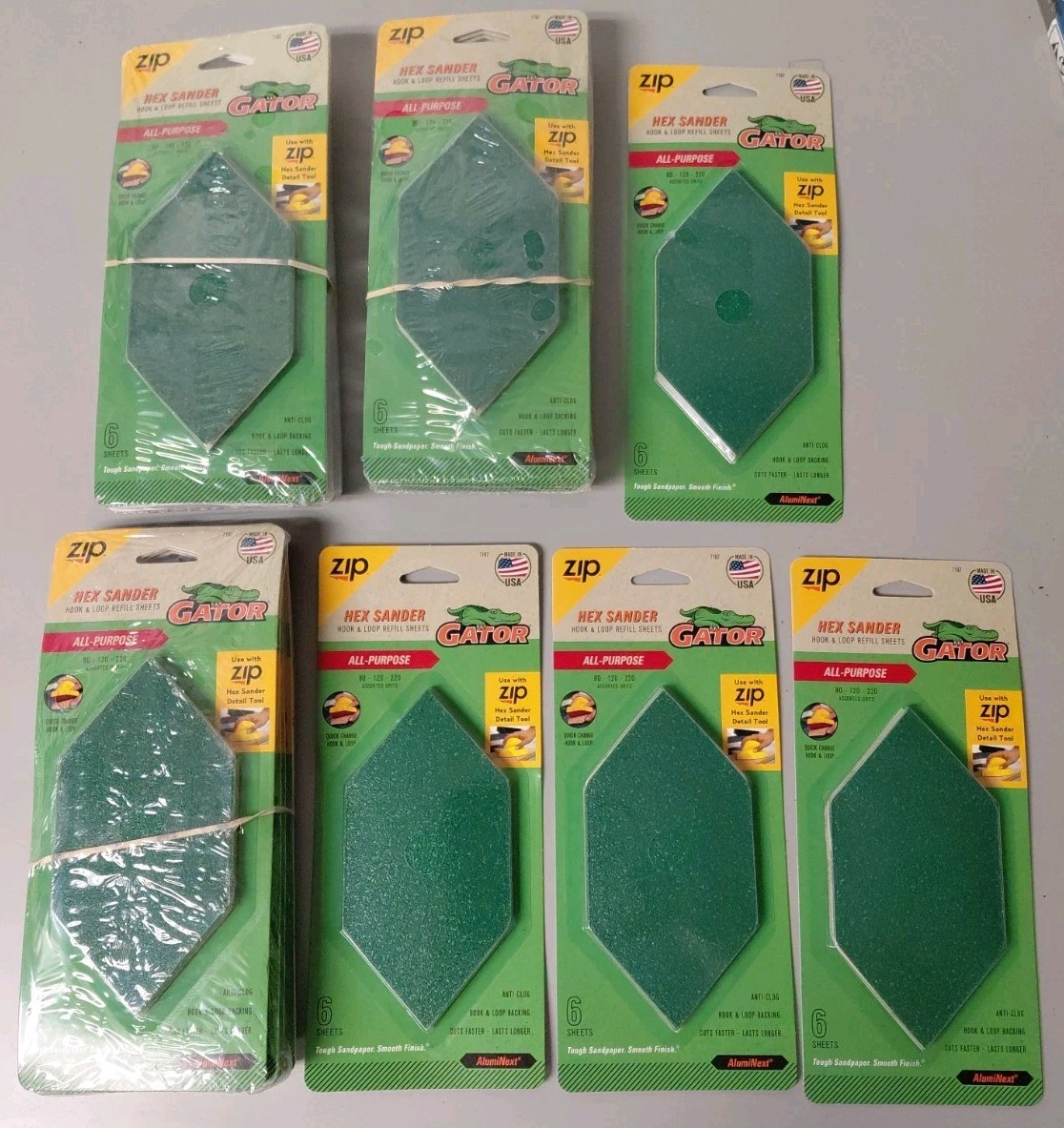 19 Packages Of 6 Sheets Of Gator Zip Hex Assorted Sandpaper, 80 – 120 – 220grit