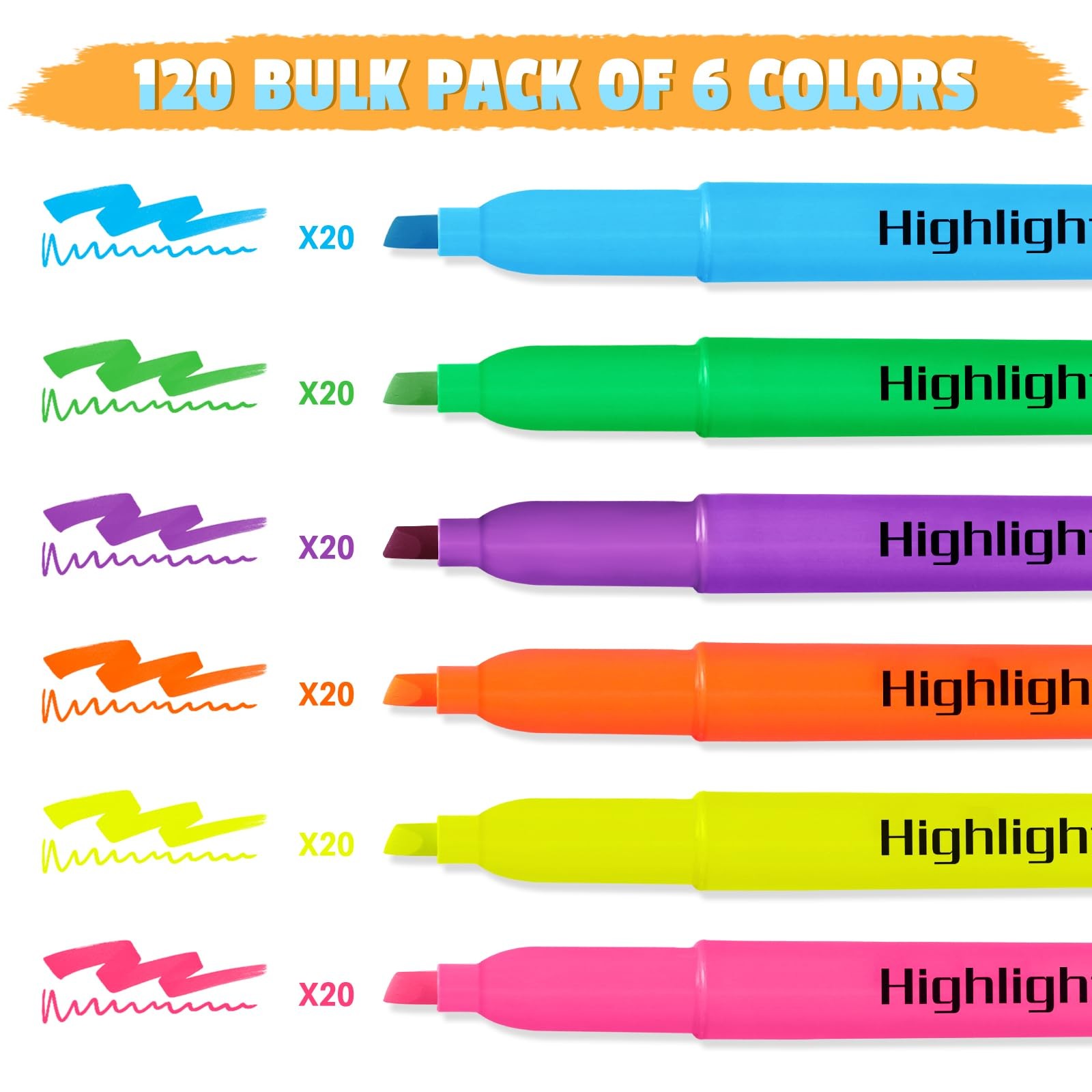 120 Pack Highlighters in 6 Assorted Colors, Chisel Tip Dry-Quickly Highlighte…