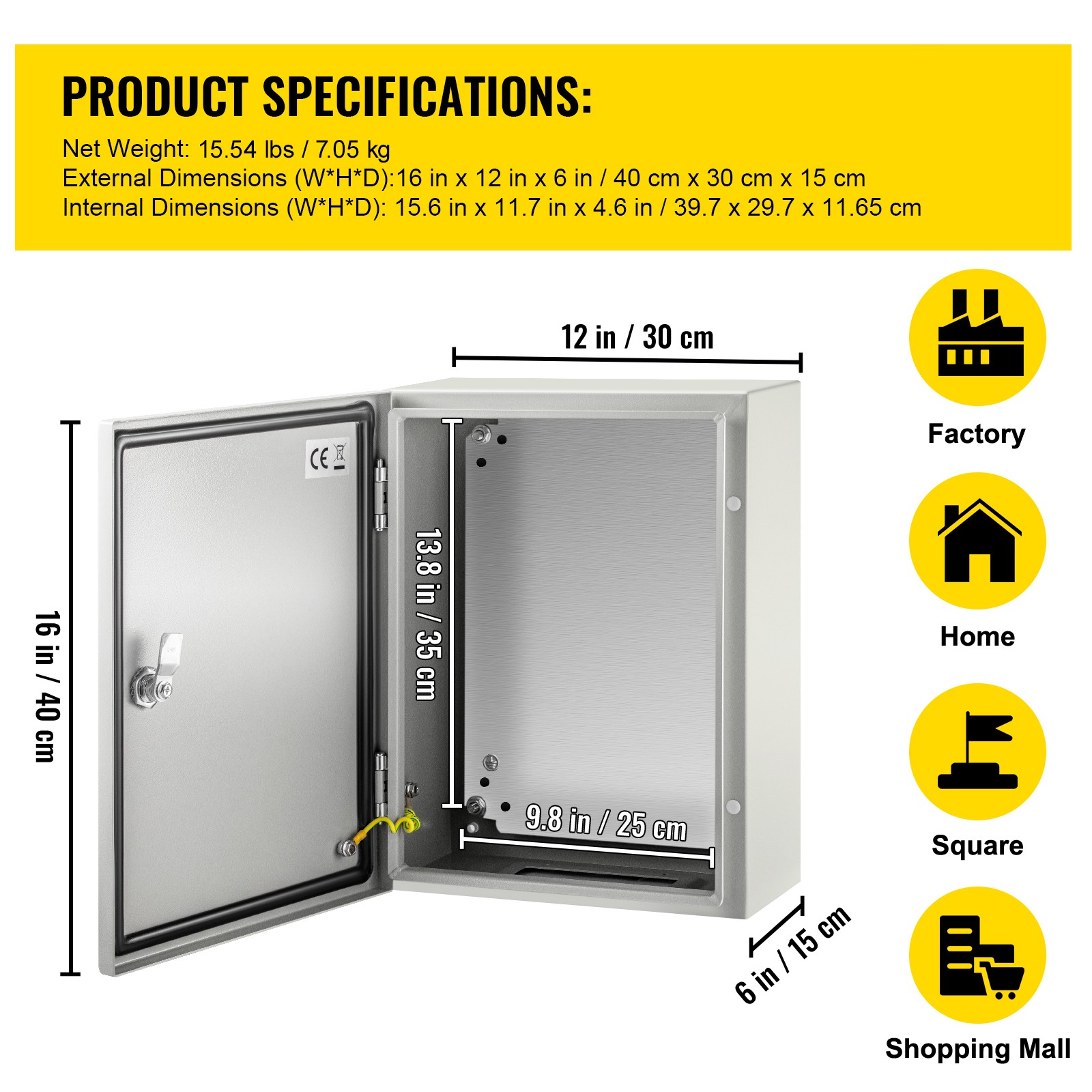 VEVOR Steel Electrical Box Electrical Enclosure Box 16x12x6” Carbon Steel IP65