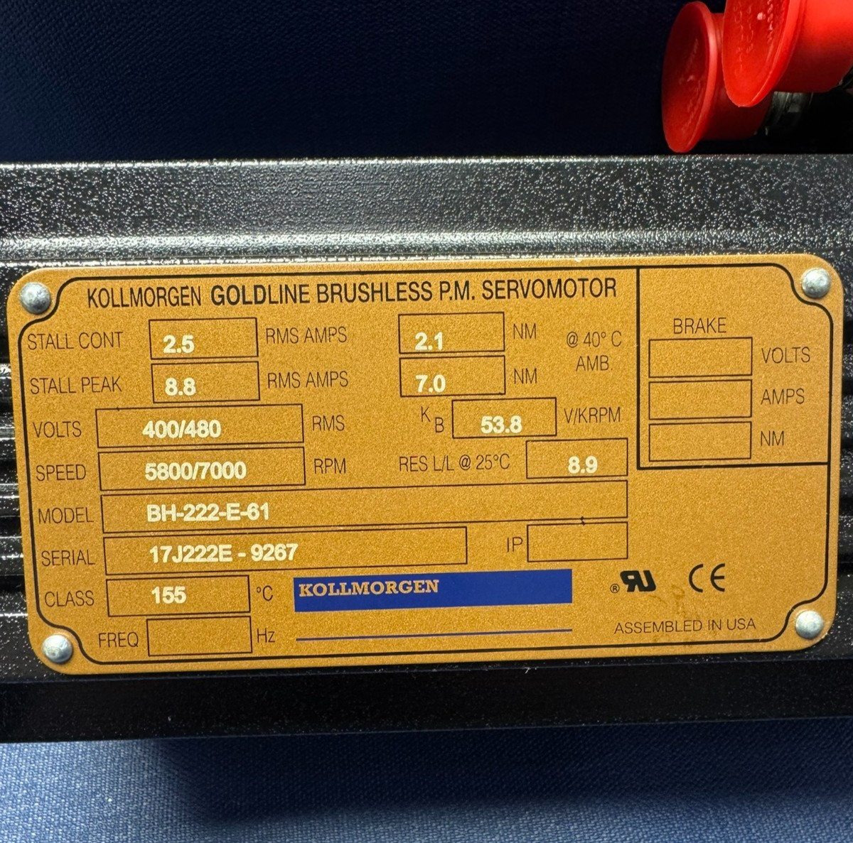 Kollmorgen – BH-222-E-61 – Goldline BH Series-AC Brushless Servomotor – 7000 RPM
