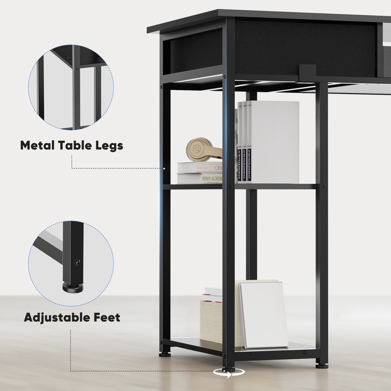 Computer Desk Home Office Table with PC Stand, Fabric Drawers Headphone Hook