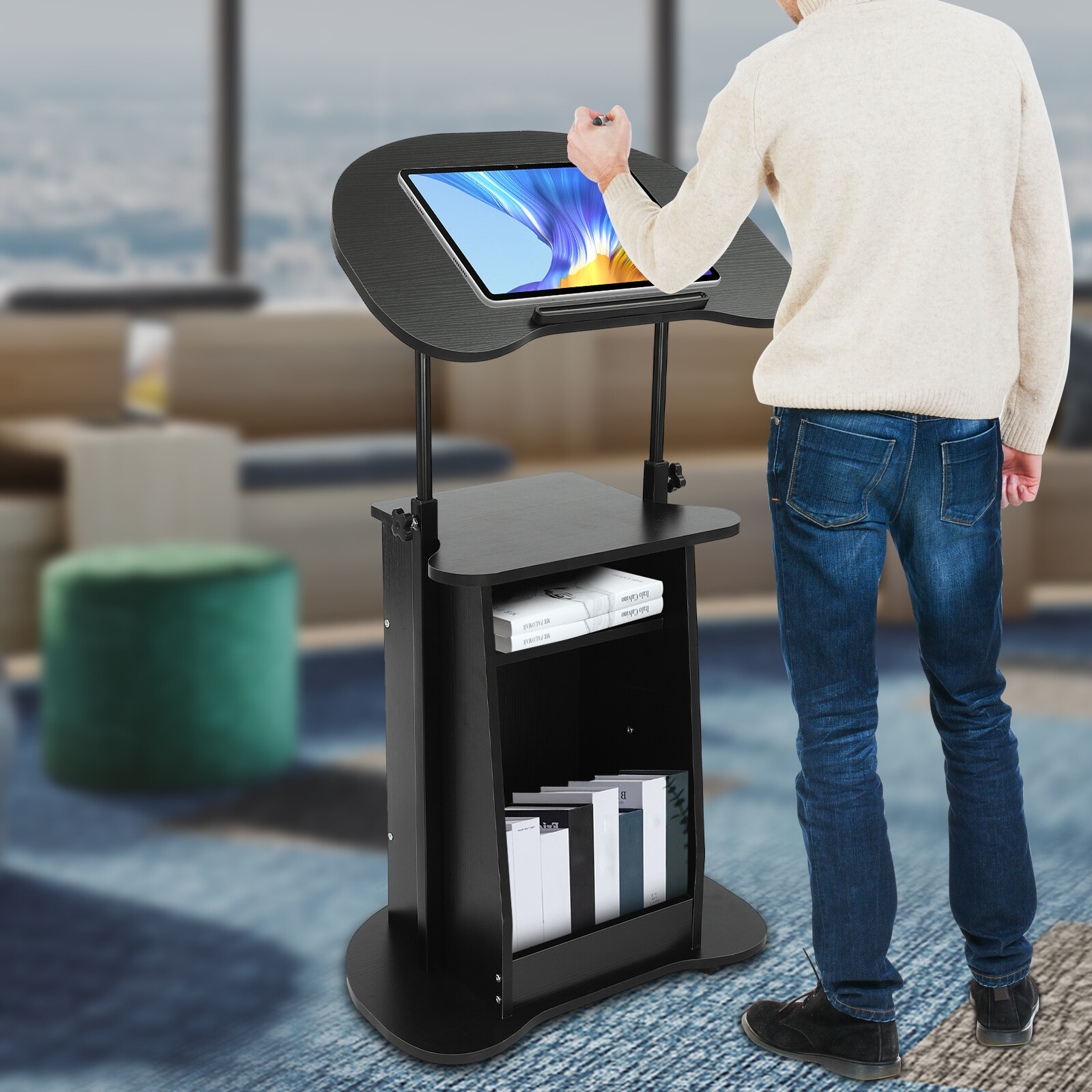 Black Sit-to-Stand Rolling Adjustable Storage Medical Laptop Computer Cart Desk