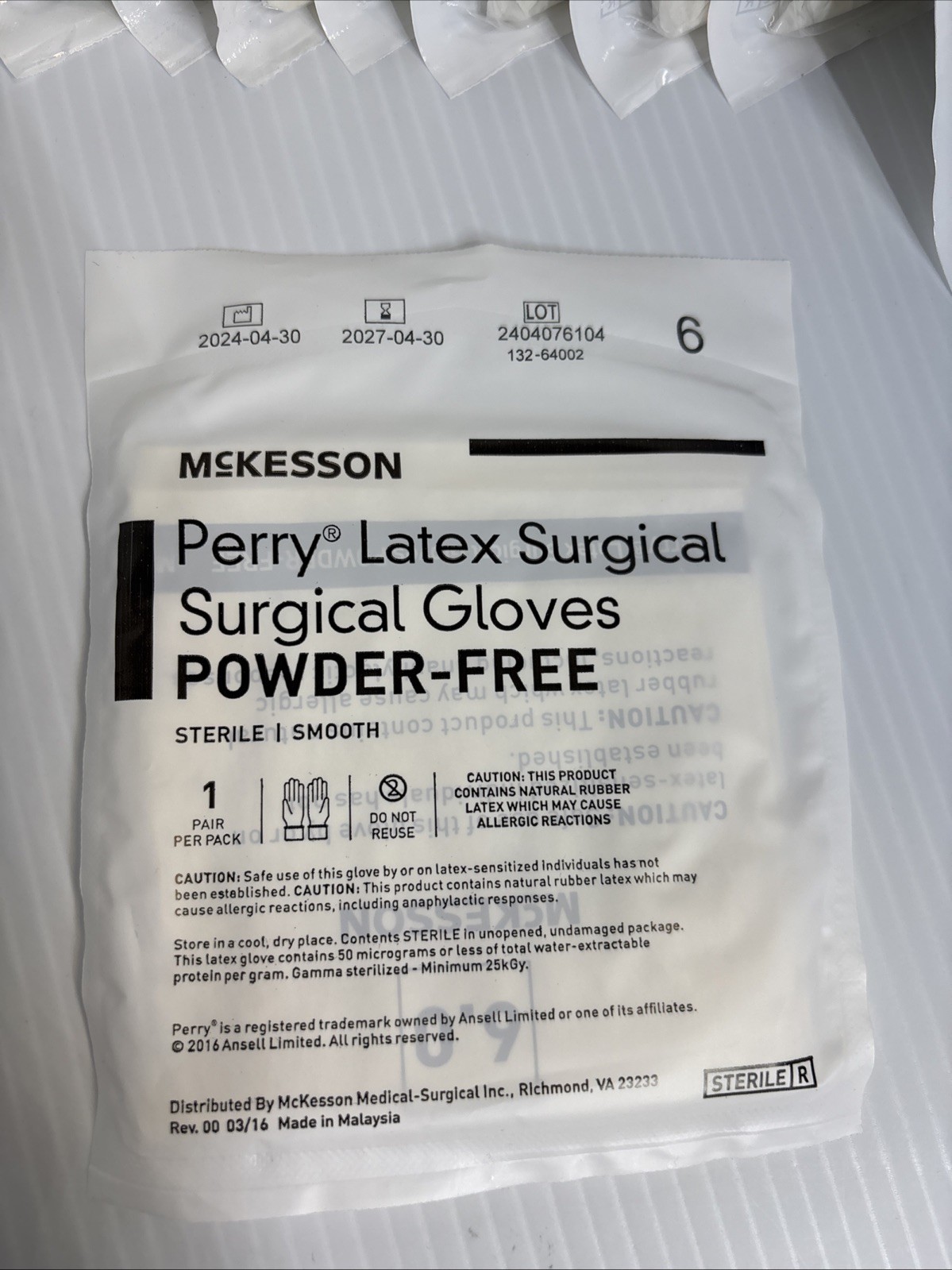10 Packs/mckesson Size 6 perry latex Surgical gloves powder free 20-1060N