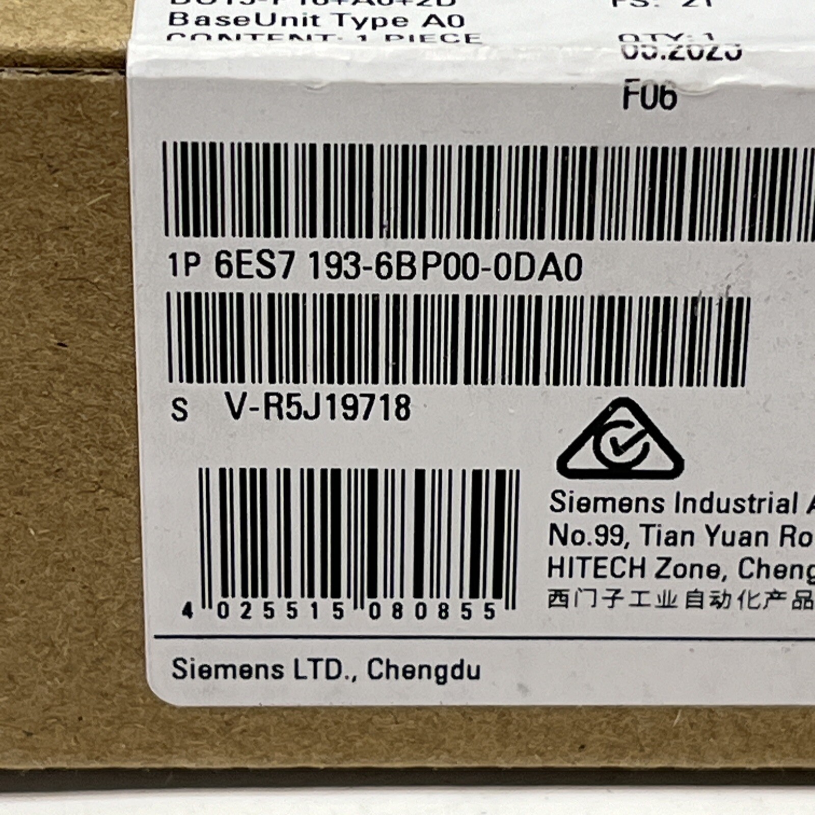7pk Siemens 6ES7193-6BP00-0DA0 SIMATIC ET 200SP Base, BU Type A0, Factory Sealed