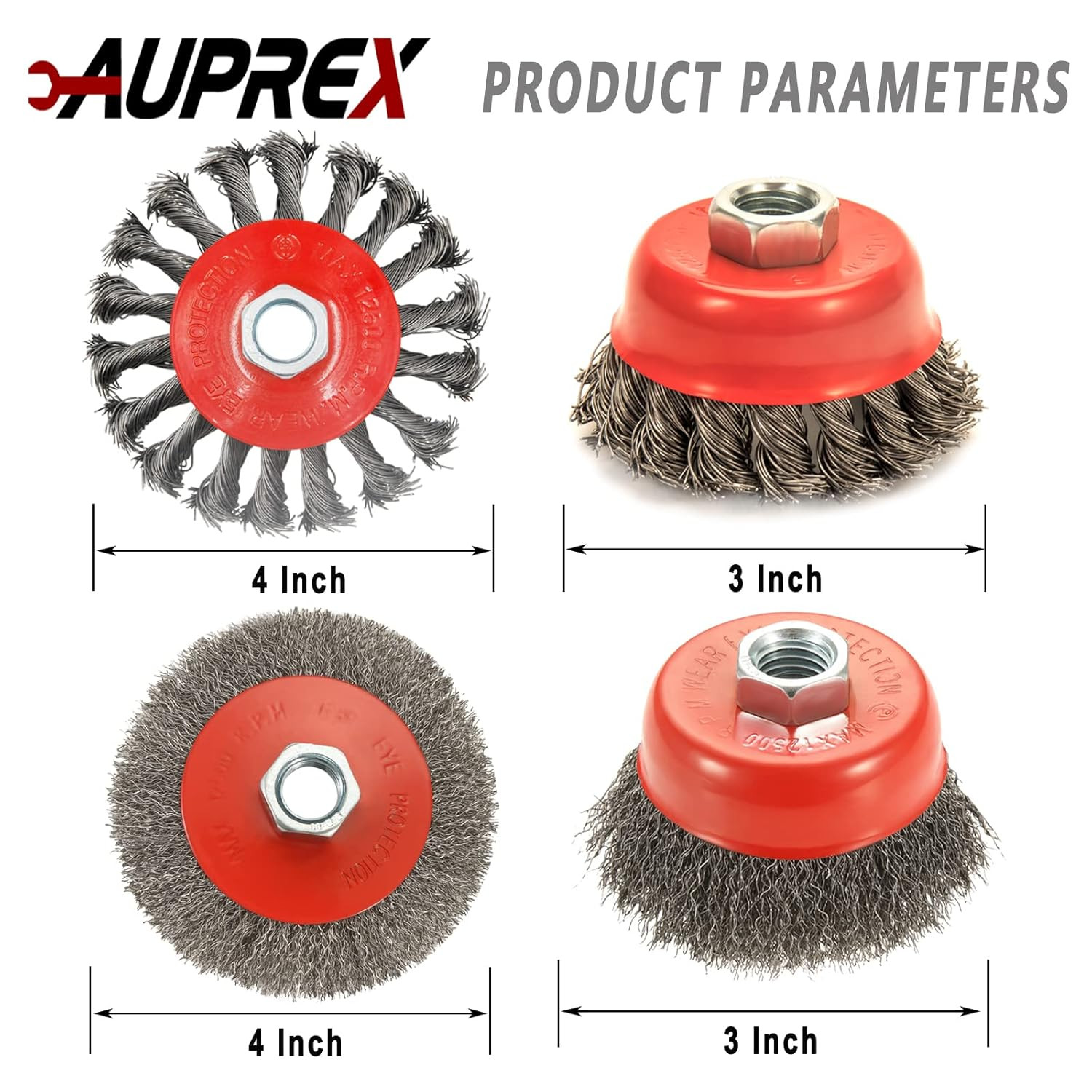 AUPREX 4 Pack Wire Wheel & Cup Brush Set for 4 1/2 Angle Grinder, 5/8″-11 Thread