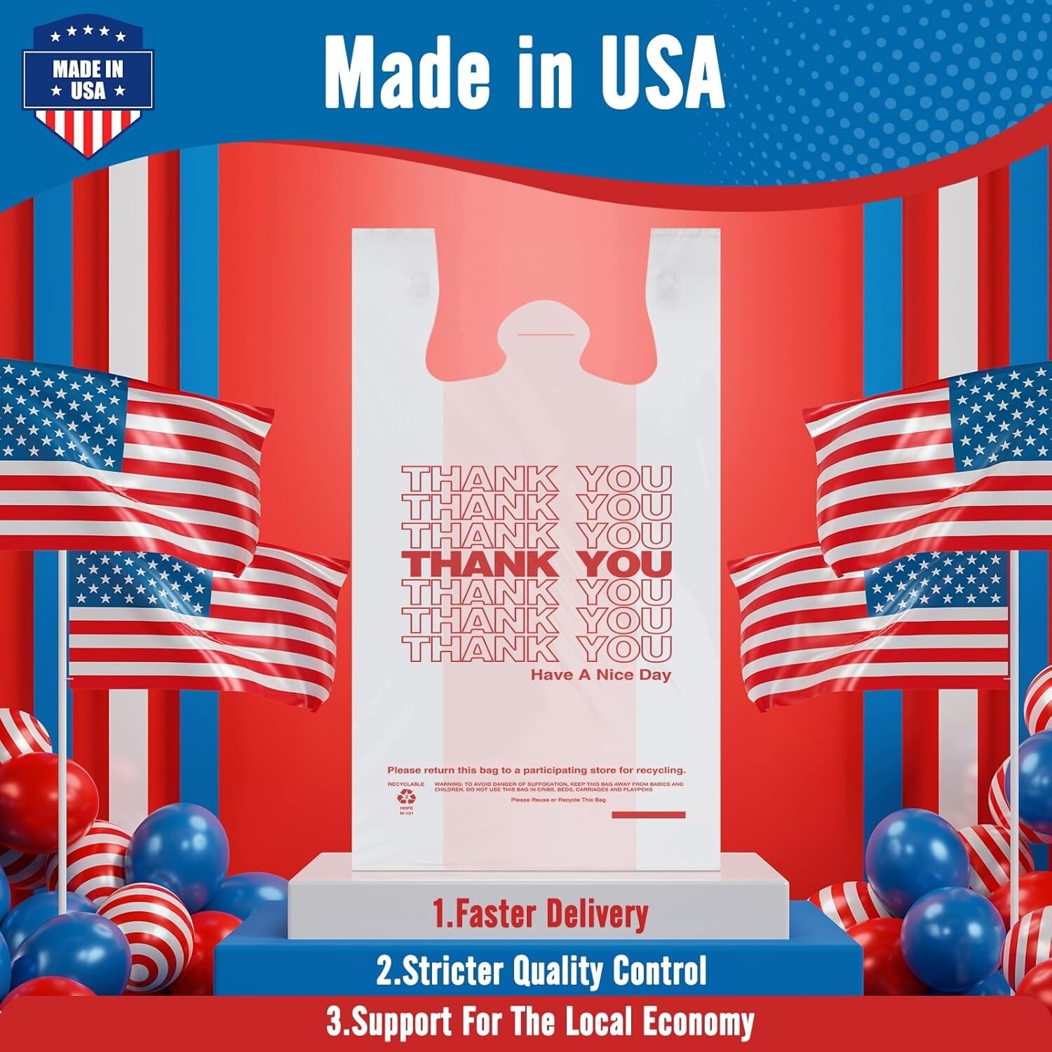 1000 Thank You T-Shirt Bags 12″ x 6.5″ x 21″, Plastic Grocery Shopping Bags