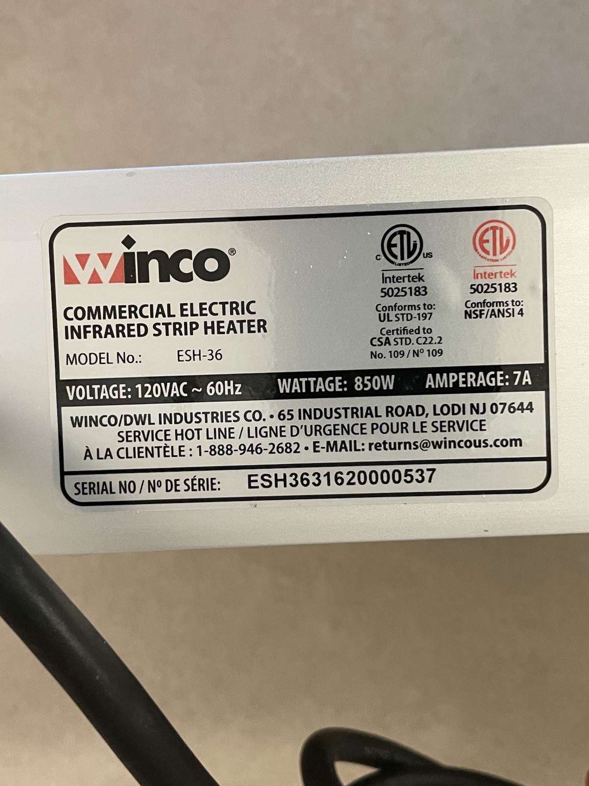 Winco ESH-36, 36-Inch Electric Strip Heater, 850W, 7A, Commercial Grade Infrared