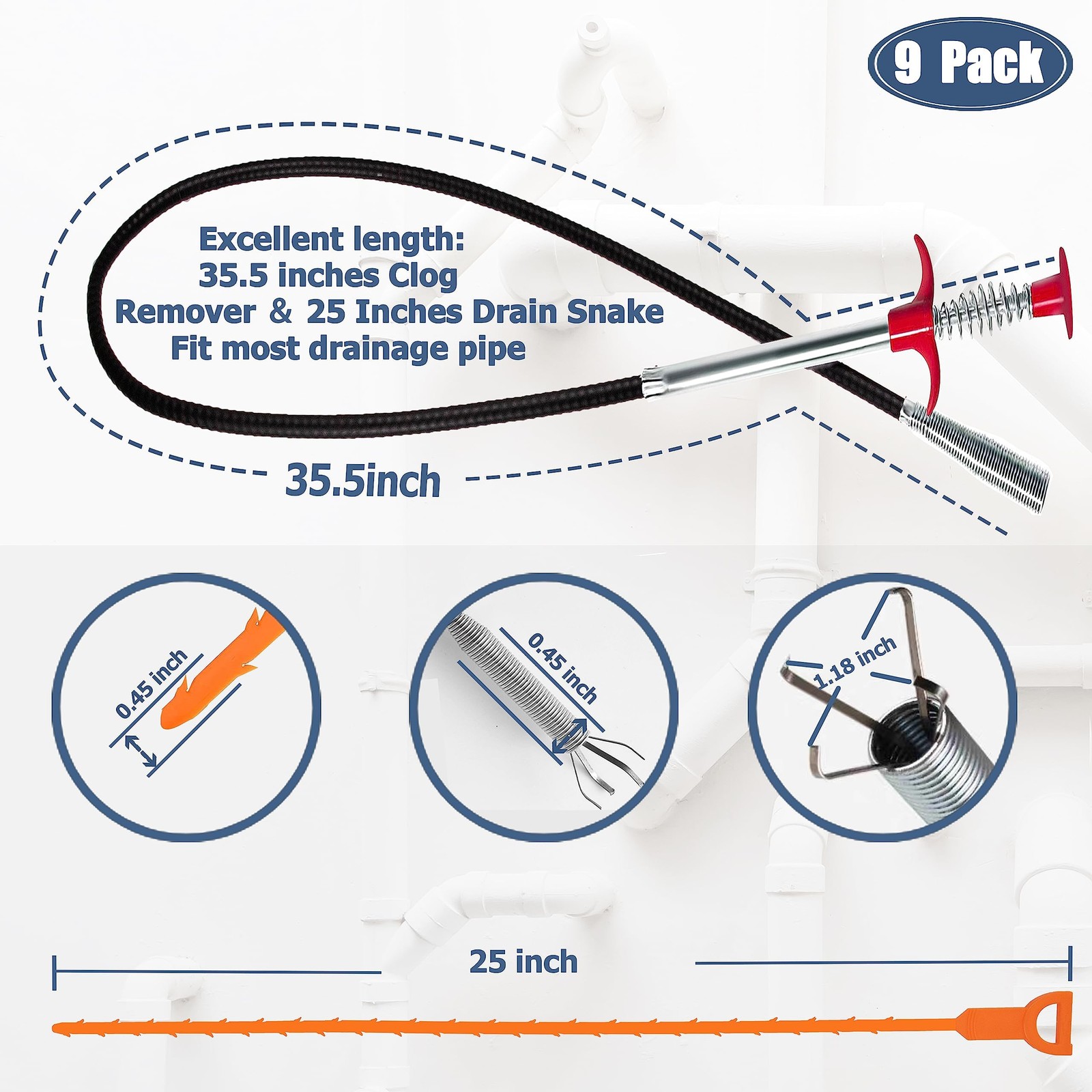 Drain Snake Hair Remover and Cleaning Brush Tool Set 9 Pack