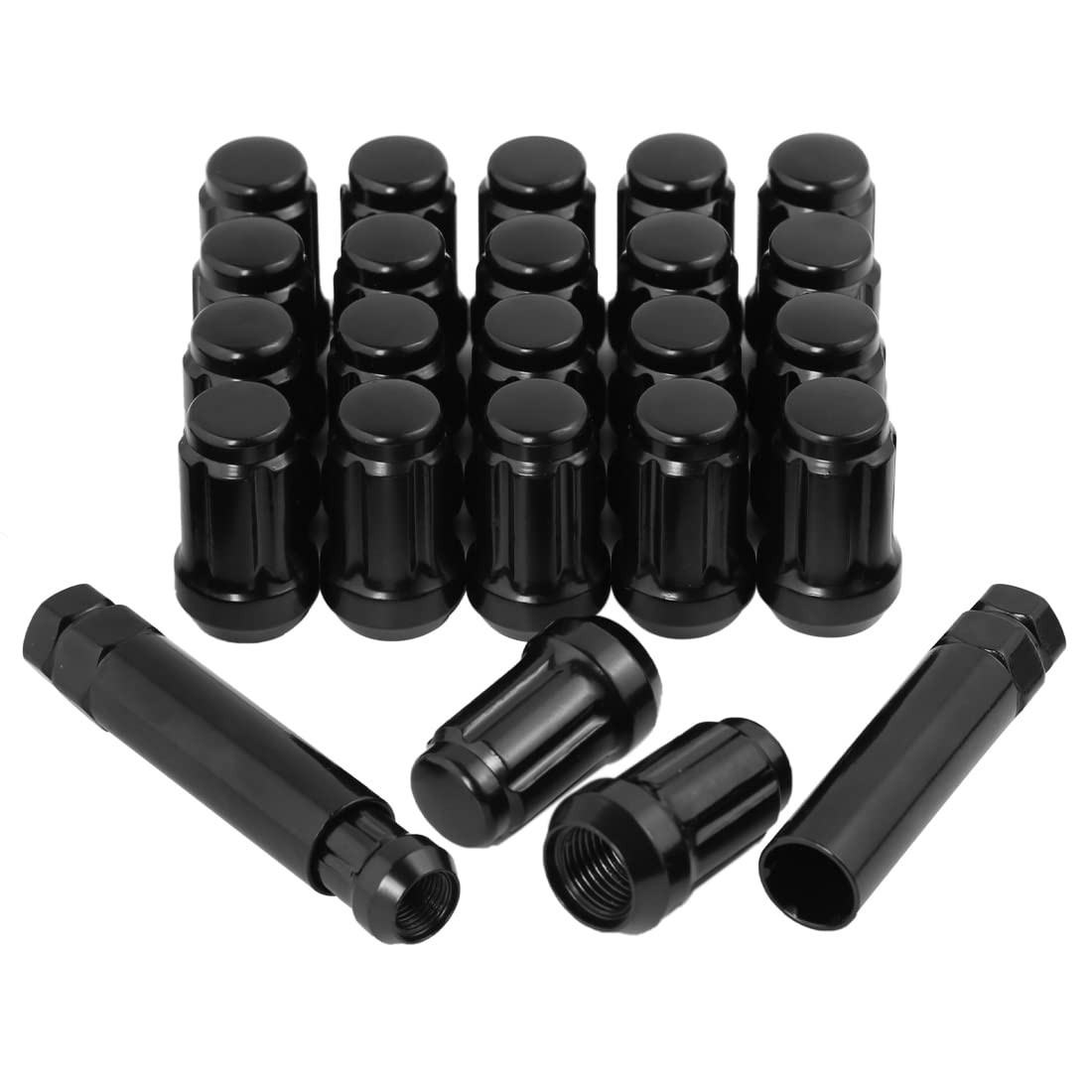 1/2-20 Acorn Lug Nuts Black Set 23 pc 6 Spline Closed End Fit Aftermarket Wheels