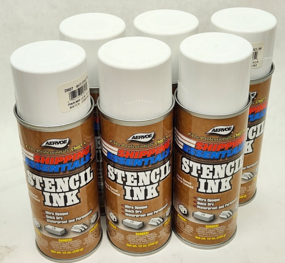 6 PACK – AERVOE – Shipping Essentials Stencil Ink Paint WHITE Aerosol Spray Can