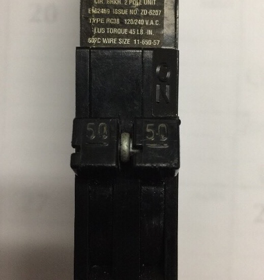 Zinsco GTE Sylvania 50 AMP 2 Pole Breaker Type RC-38 with 240V PIN SHIPS TODAY