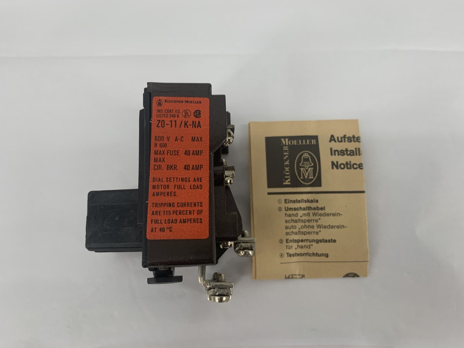 Klockner Moeller Z0-11,K-NA Bimetal Overload Relay 6.2-11.0A Up to 600VAC 3P 3PH