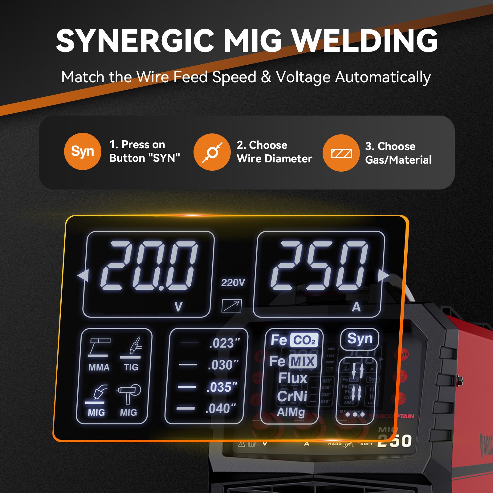 ARCCAPTAIN MIG250 250Amp 6-in-1 MIG Welder 110/220V Digital Synergic LED Display