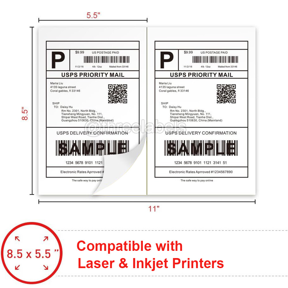 50 – 4000 Shipping Labels 8.5 x 5.5 Half Sheets Self Adhesive 2 Per 8.5×11 Sheet