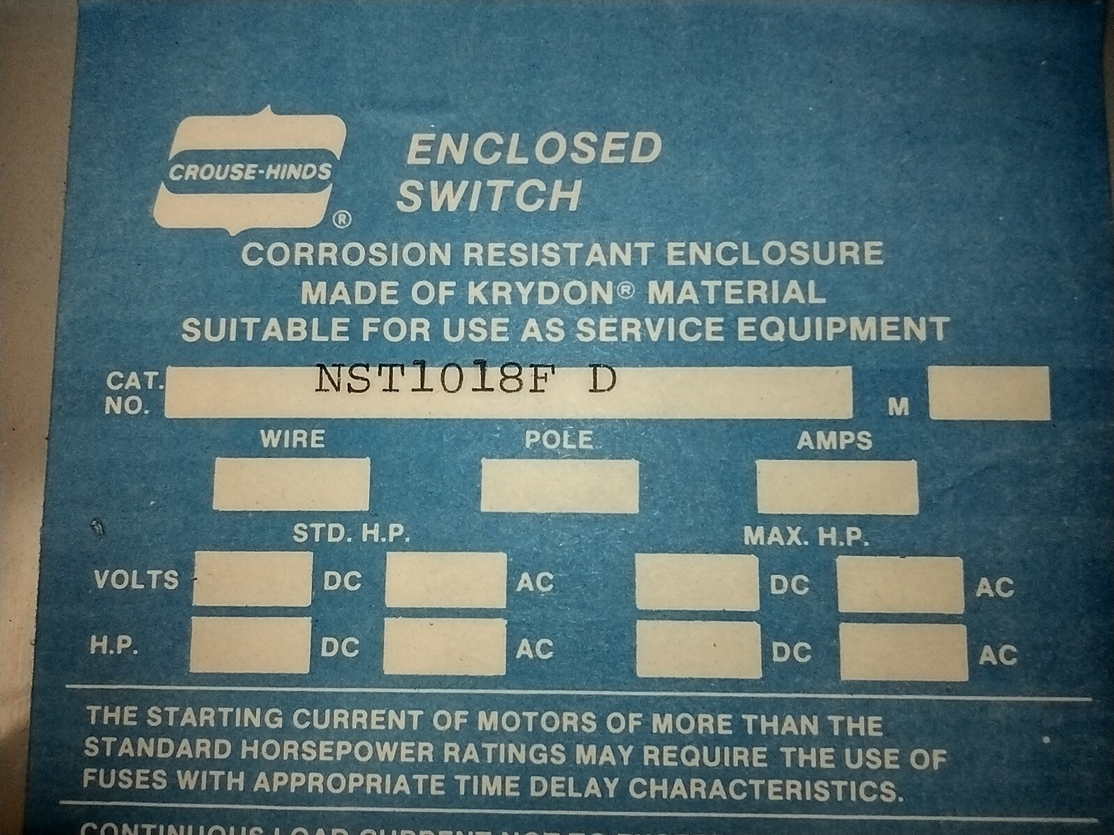 Crouse-Hinds NST1018F D Krydon Enclosed Safety Switch, w/Square D H-60-SV 60A