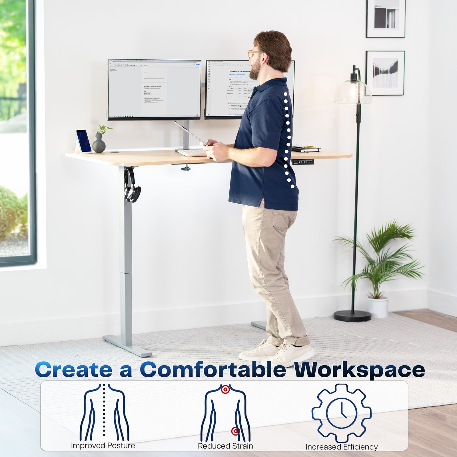 VIVO Electric 63” x 32” Stand Up Desk, Light Wood Table Top, Gray Frame