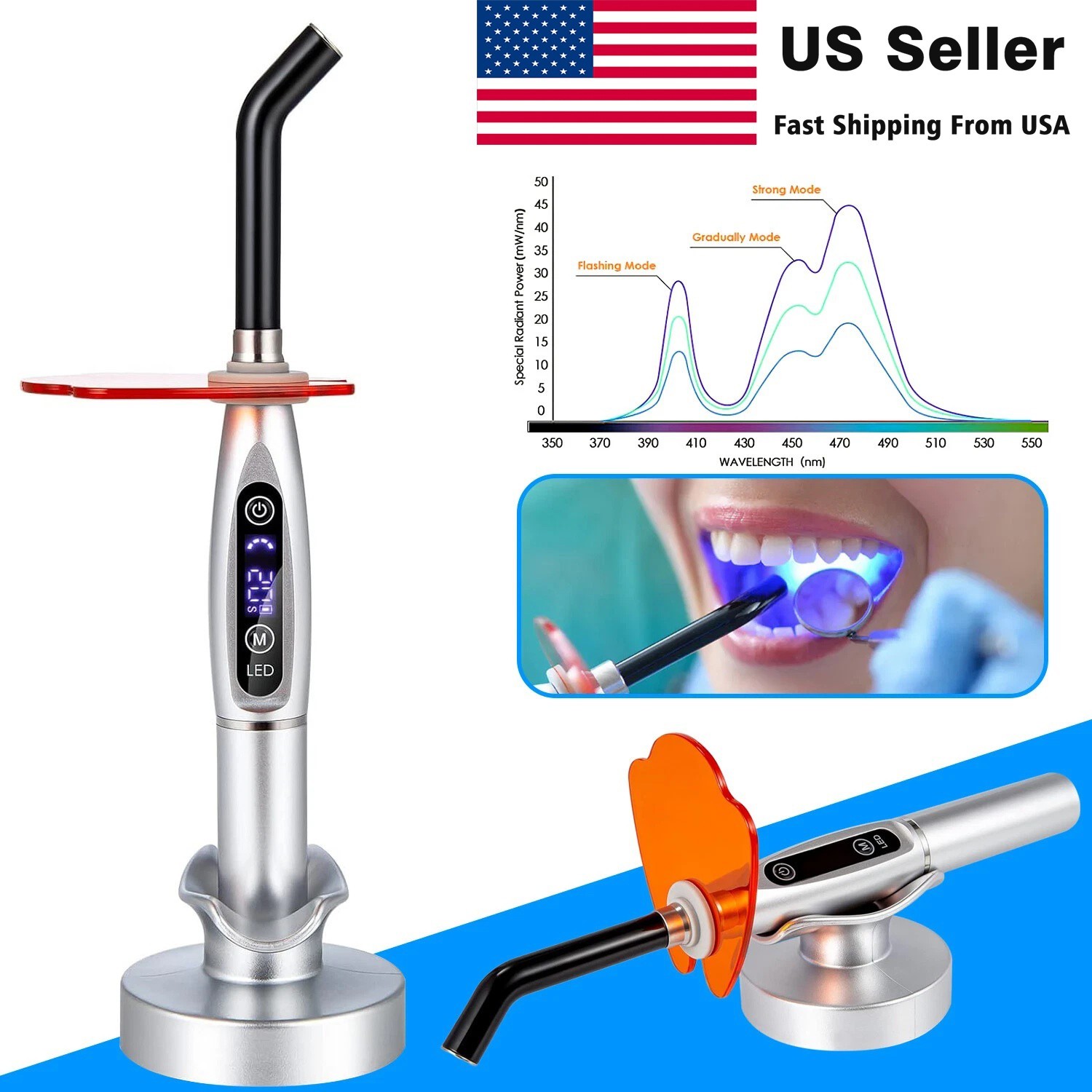 Dental Wireless Cordless LED Cure Curing Light Lamp 2000mw 5W Tool Resin Cure US