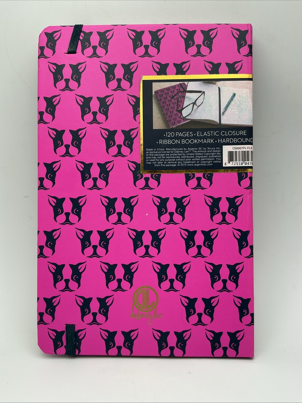 Dabney Lee, Hot Pink, Boston Terrier, Striped Journal 120 Pages-Elastic Closure