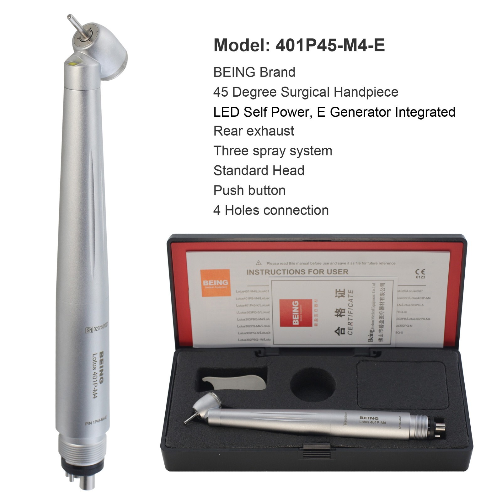 COXO Dental Surgical Handpiece 45 Degree High Speed 4 Hole LED Reverse Air NSK