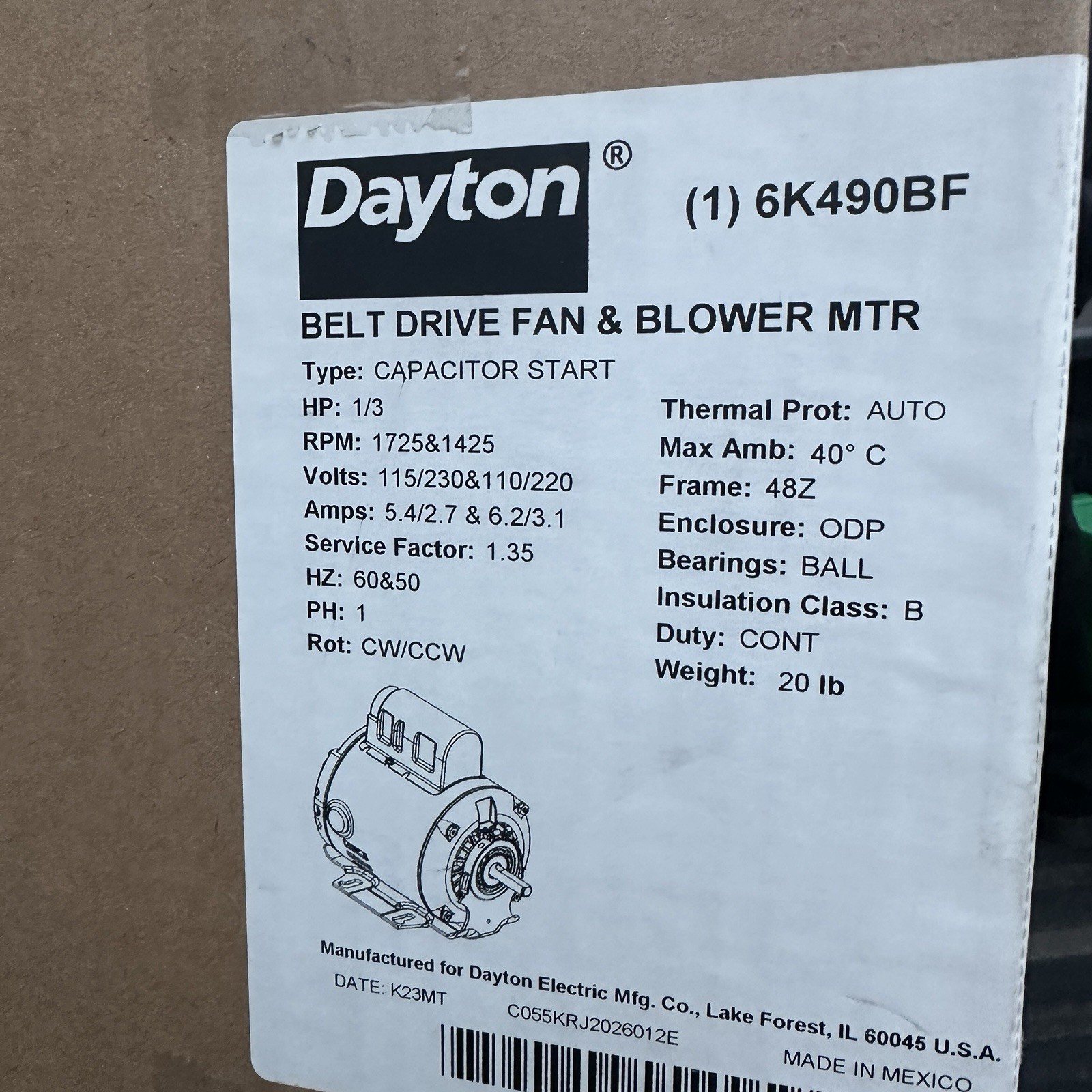 DAYTON Belt Drive Motor 1 Speed Proof Base Mount 1/3 hp 115/230V AC 6K490BF NEW