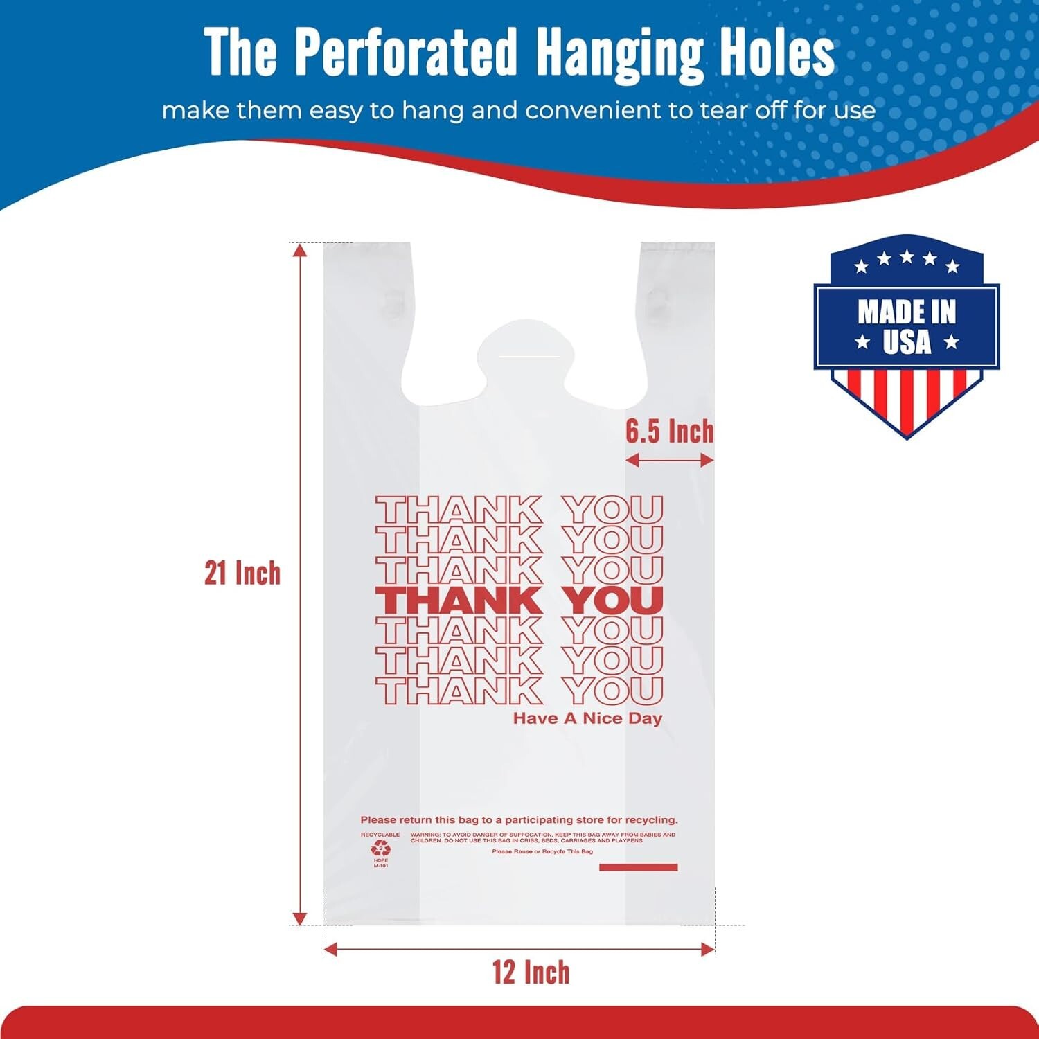 1000 Thank You T-Shirt Bags 12″ x 6.5″ x 21″, Plastic Grocery Shopping Bags