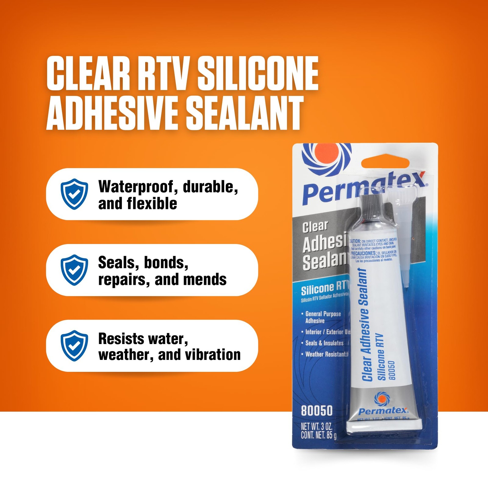 80050 Sellador Adhesivo De Silicona Transparente Rtv, 3 Oz