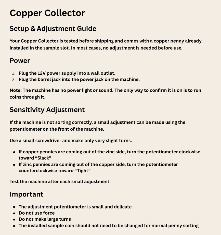 The Copper Collector -Copper Cent Penny & Silver coin sorter- with Power Supply