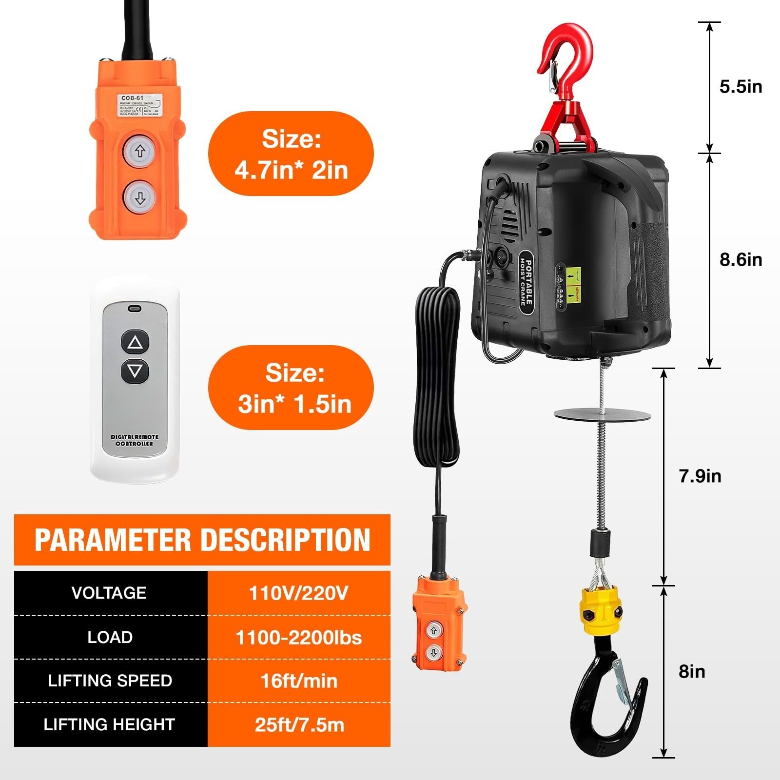 3-in-1 Electric Hoist 2200lb Capacity Power Winch Crane 110V