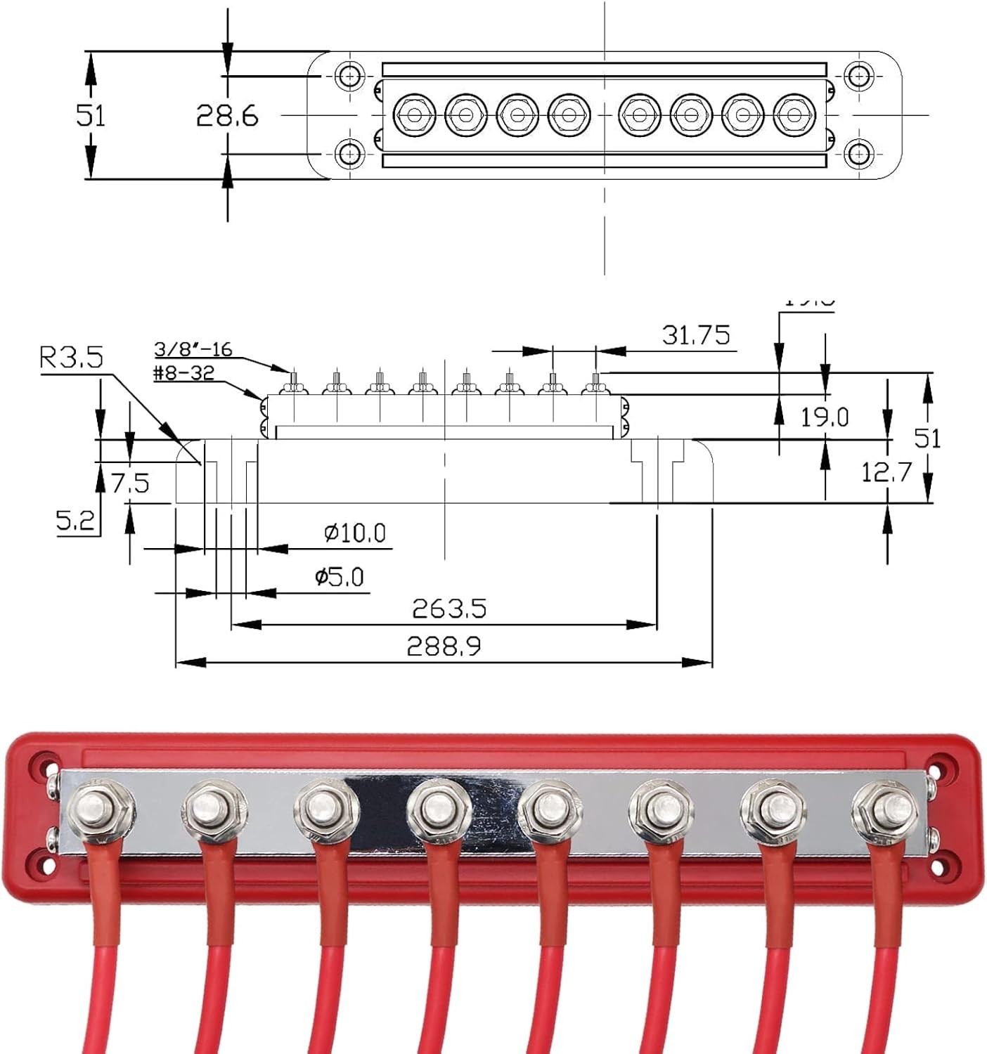 600A Battery Bus Bar 8 Way Copper Terminal Block M10 Studs with Cover Red Black