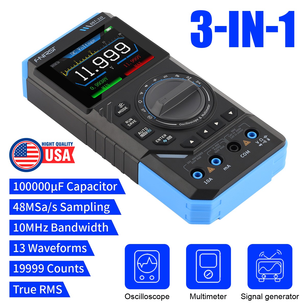3in1 FNIRSI DST210 Handheld Digital Oscilloscope Multimeter Signal Generator 10M