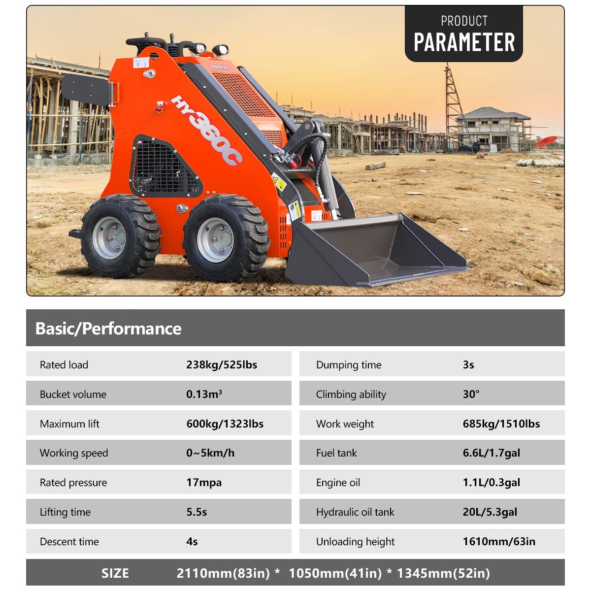 HUAYEE FREE SHIPPING New Mini Skid Steer Loader 13.5hp B&S Gas EPA Engine