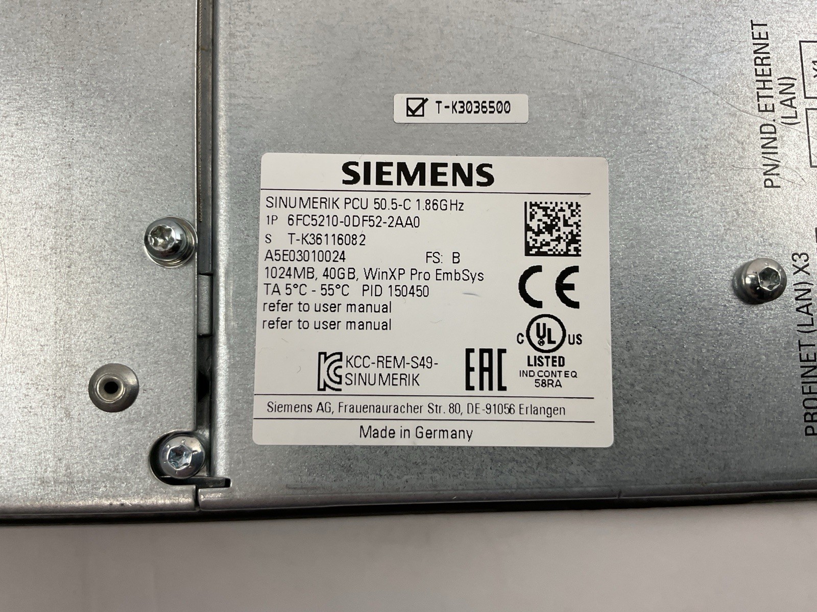 Siemens SINUMERIK PCU 50.5-C 6FC5210-0DF52-2AA0 1.8GHz 1GB CNC 840D Operator