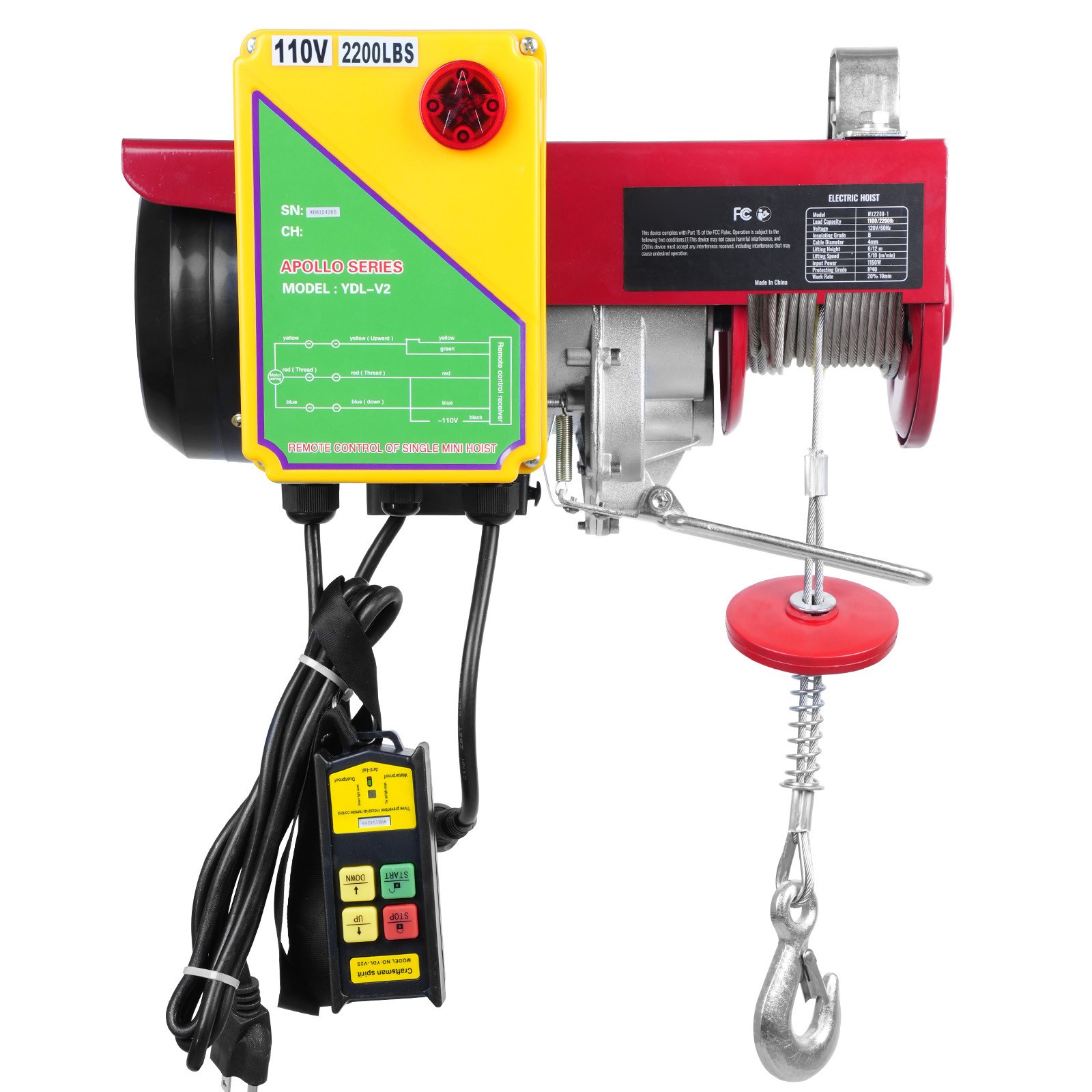 VEVOR Electric Hoist 2200lbs Crane Winch with 328ft Wireless Remote Control 110V