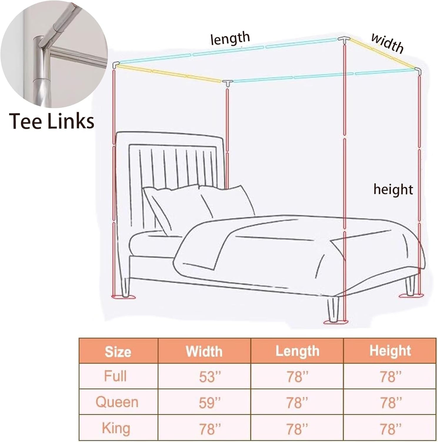 Canopy Bed Frame Full, Stainless Steel Four Corner Bed Canopy Poles Mosquito Net
