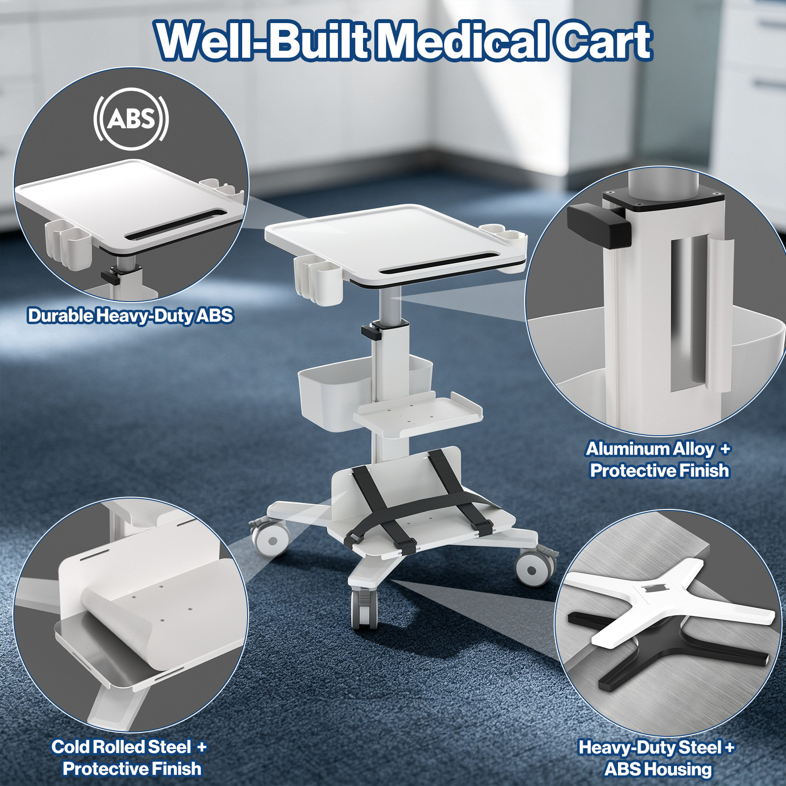 Medical Trolley Cart with Laptop Tray & Oral Scanner Holder, Height Adjustable