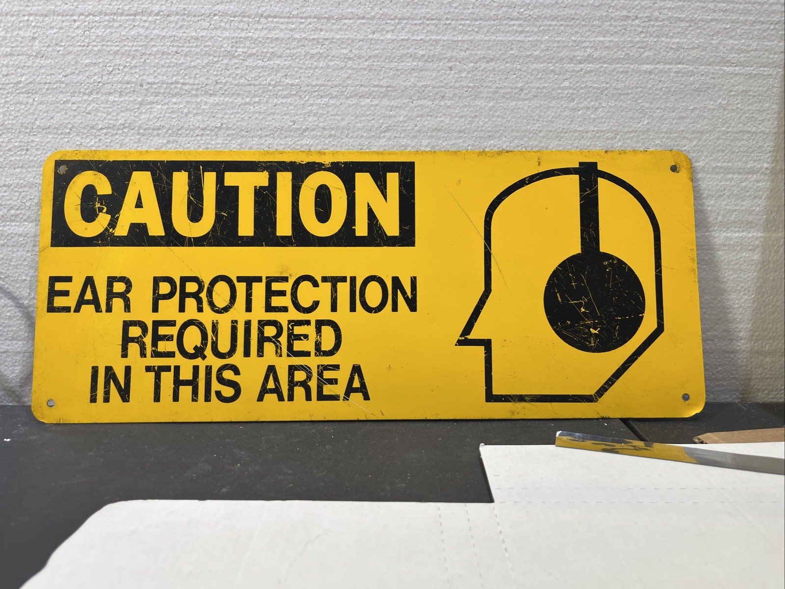 Vintage Metal Safety Sign Caution Ear Protection Required Industrial Garage