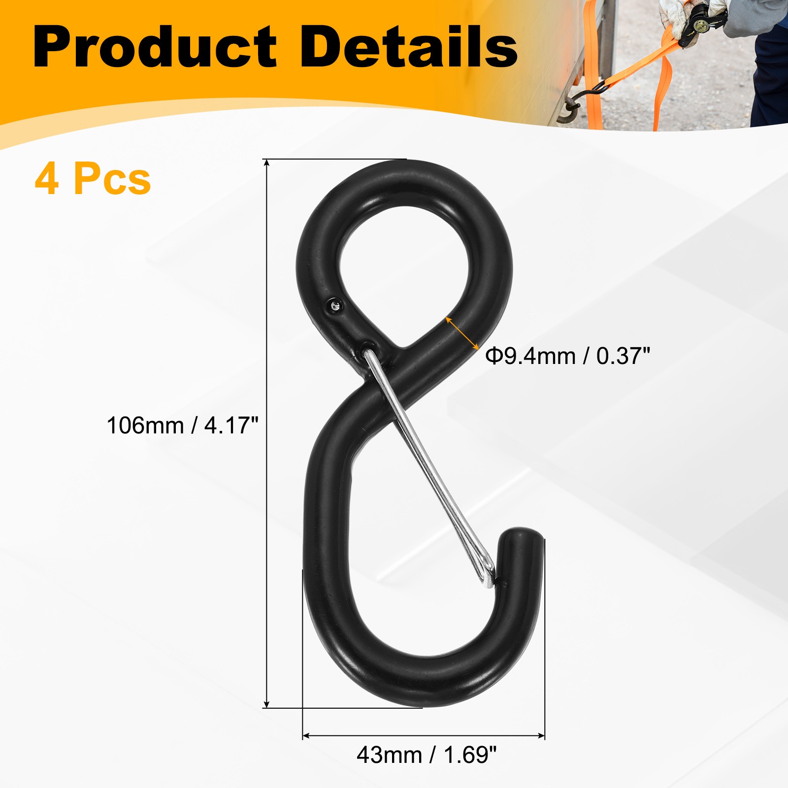 4Pcs Ratchet S Hook 8.3mm Dia Load 3307 lbs for 1.2″ Tie Down Strap Wedding
