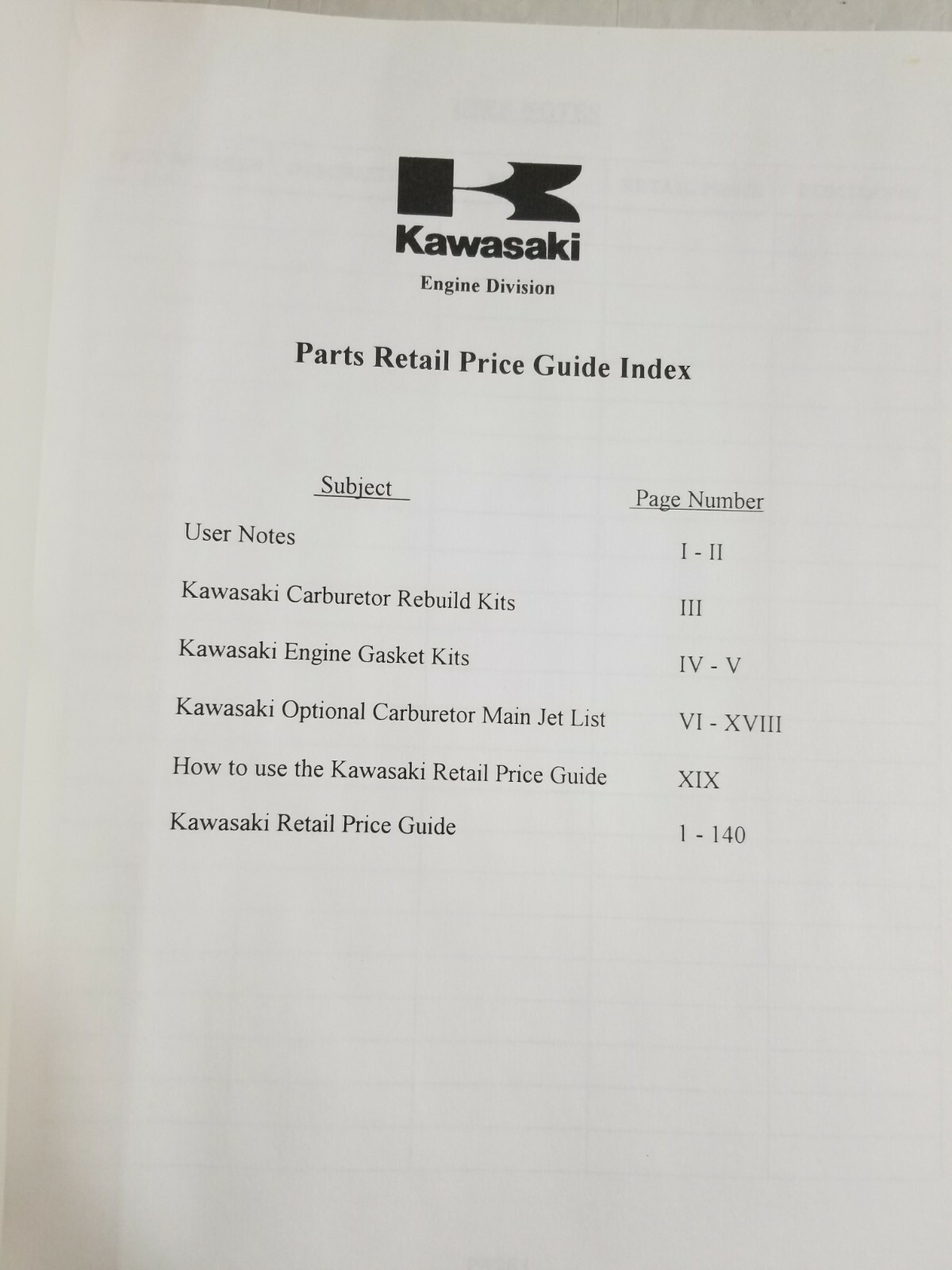 KAWASAKI Master Manual Parts & Service Vol 1 Part # 99969-0305PA Dealer Binder