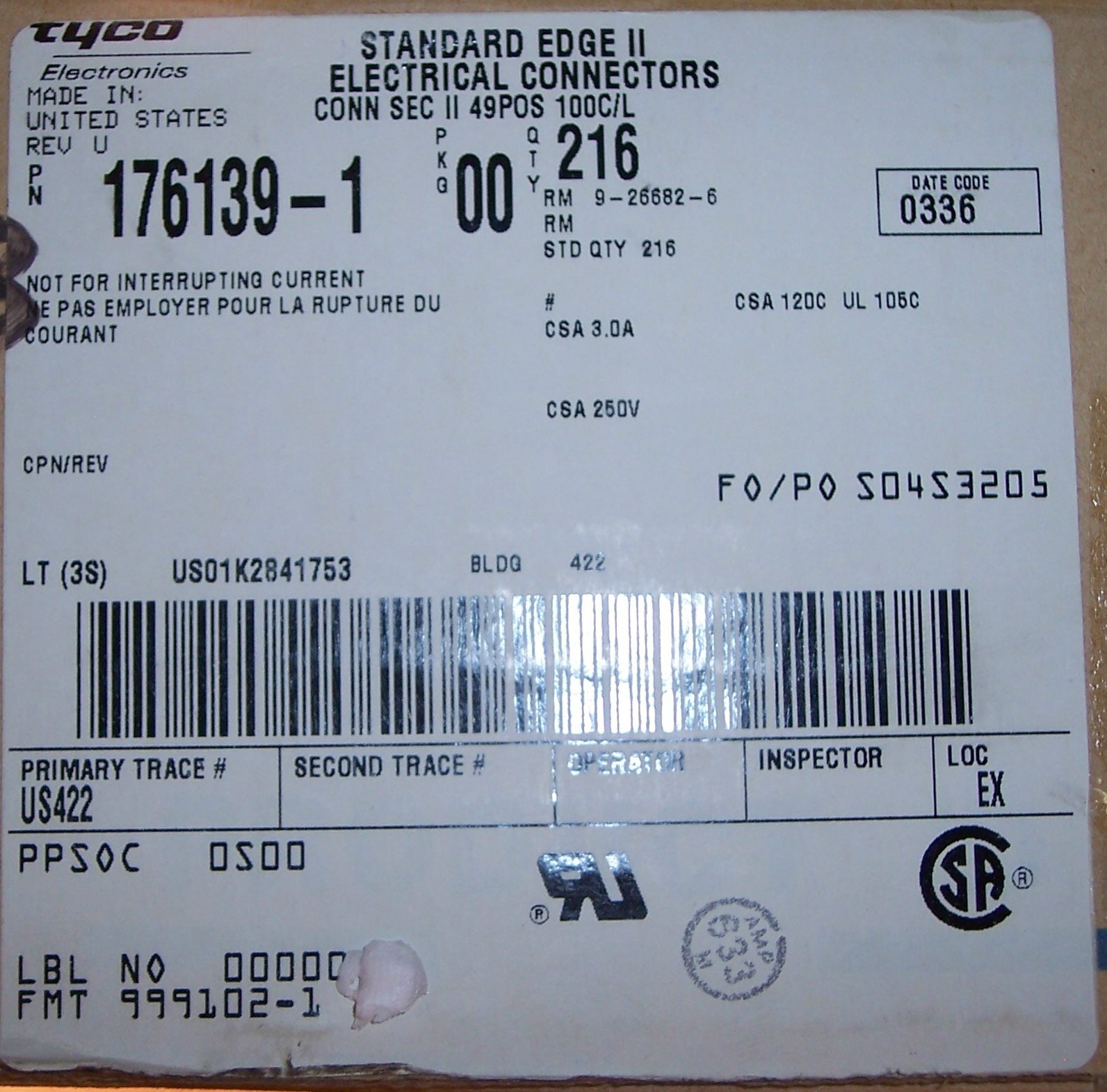 QTY(5) 49 POSITION 18/31 DUAL COMBO CARD EDGE II CONNECTORS 2.54mm 176139-1 TYCO