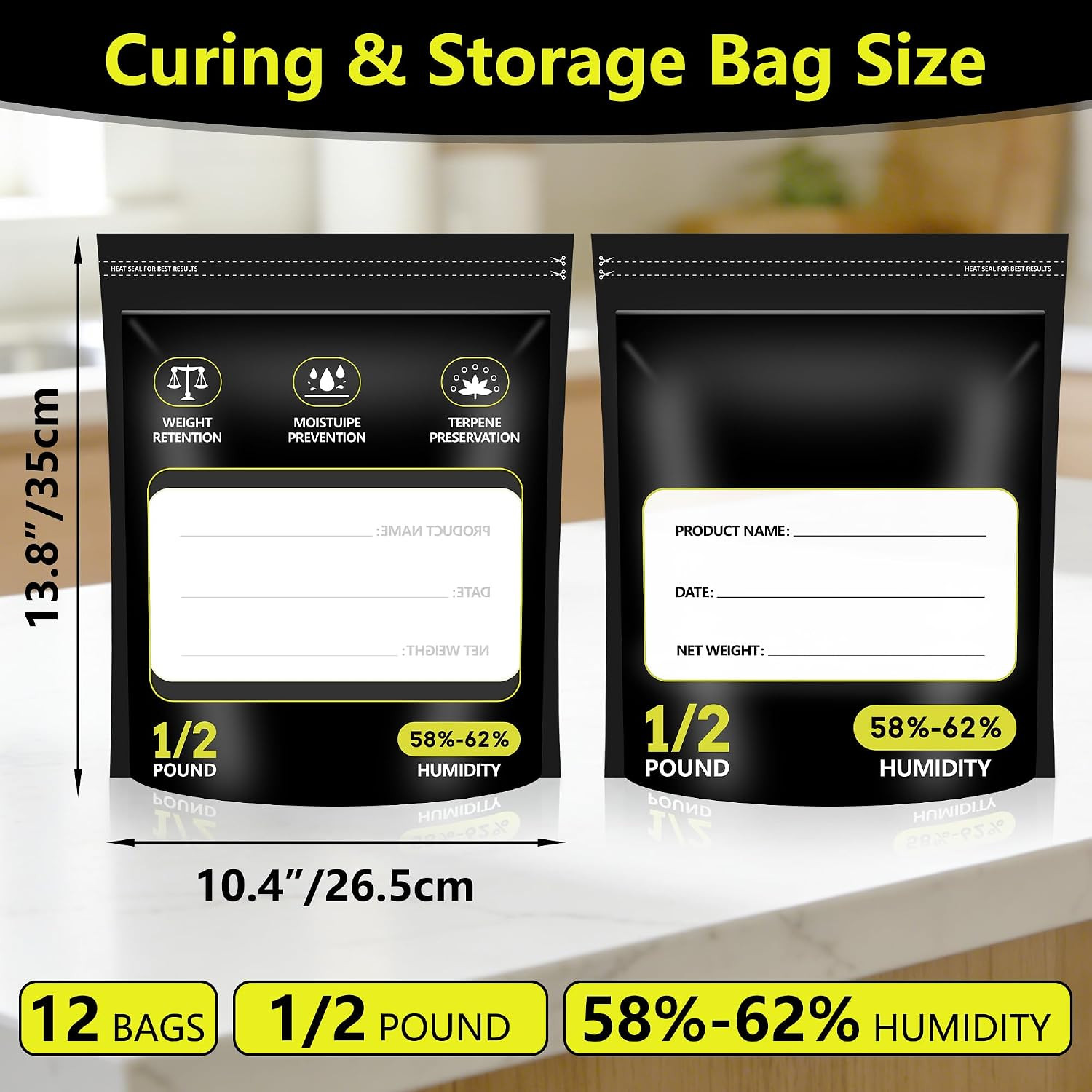 12 Pack 8 Ounce Terpene Curing and Storage Bags (1/2 Pound) | 13.8″X 10.4″X 3.75